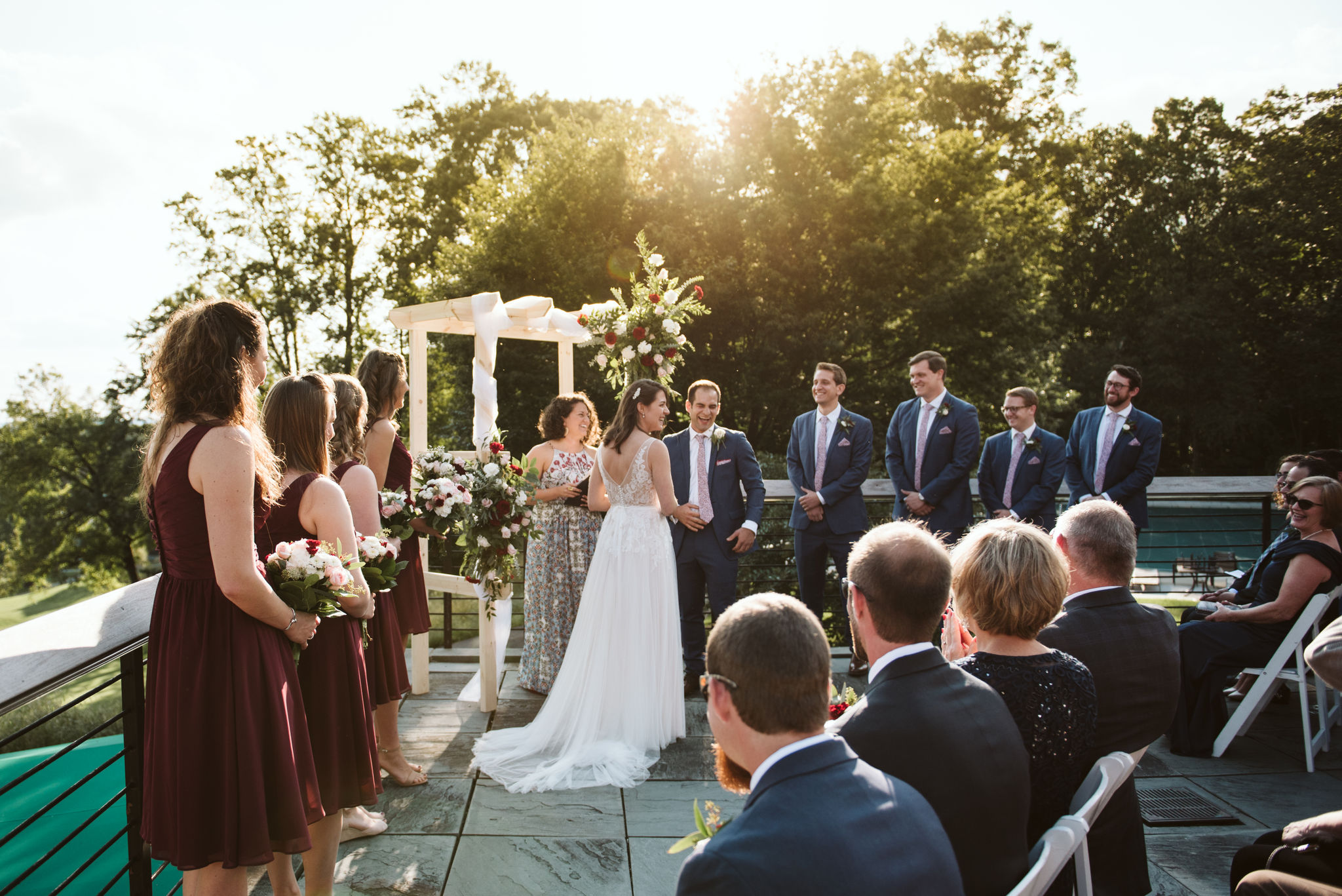  Phoenix Maryland, Baltimore Wedding Photographer, Eagle’s Nest Country Club, Classic, Romantic, Bride and Groom at Altar Surrounded by Family and Friends, BHLDN Dress 