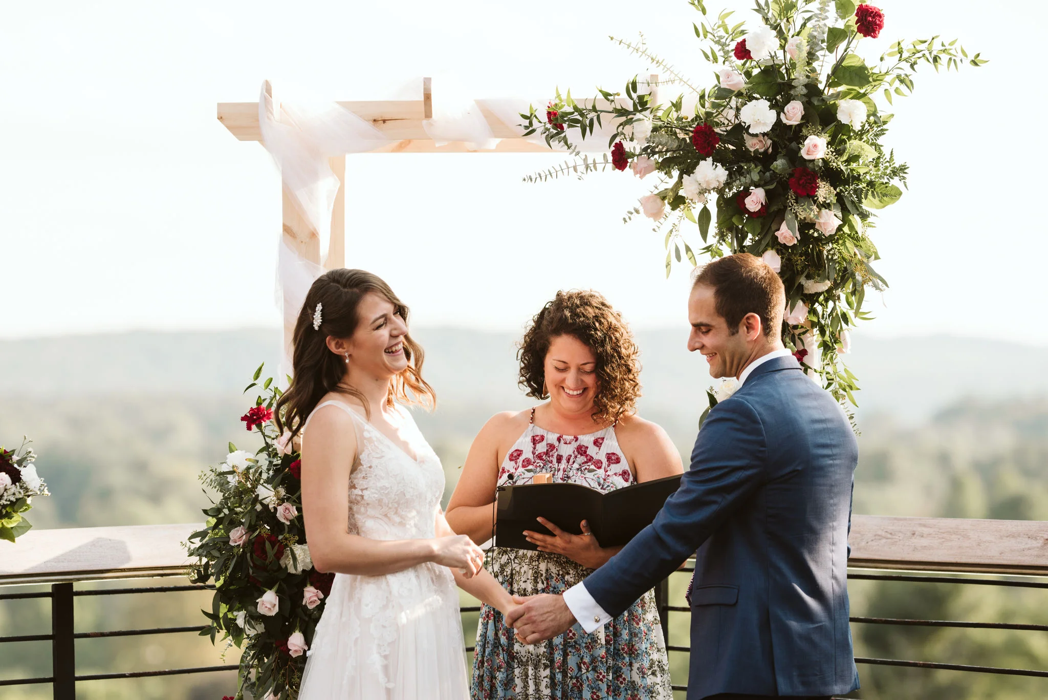 Phoenix Maryland, Baltimore Wedding Photographer, Eagle’s Nest Country Club, Classic, Romantic, Spring, Bride and Groom Laughing with Officiant and Friend