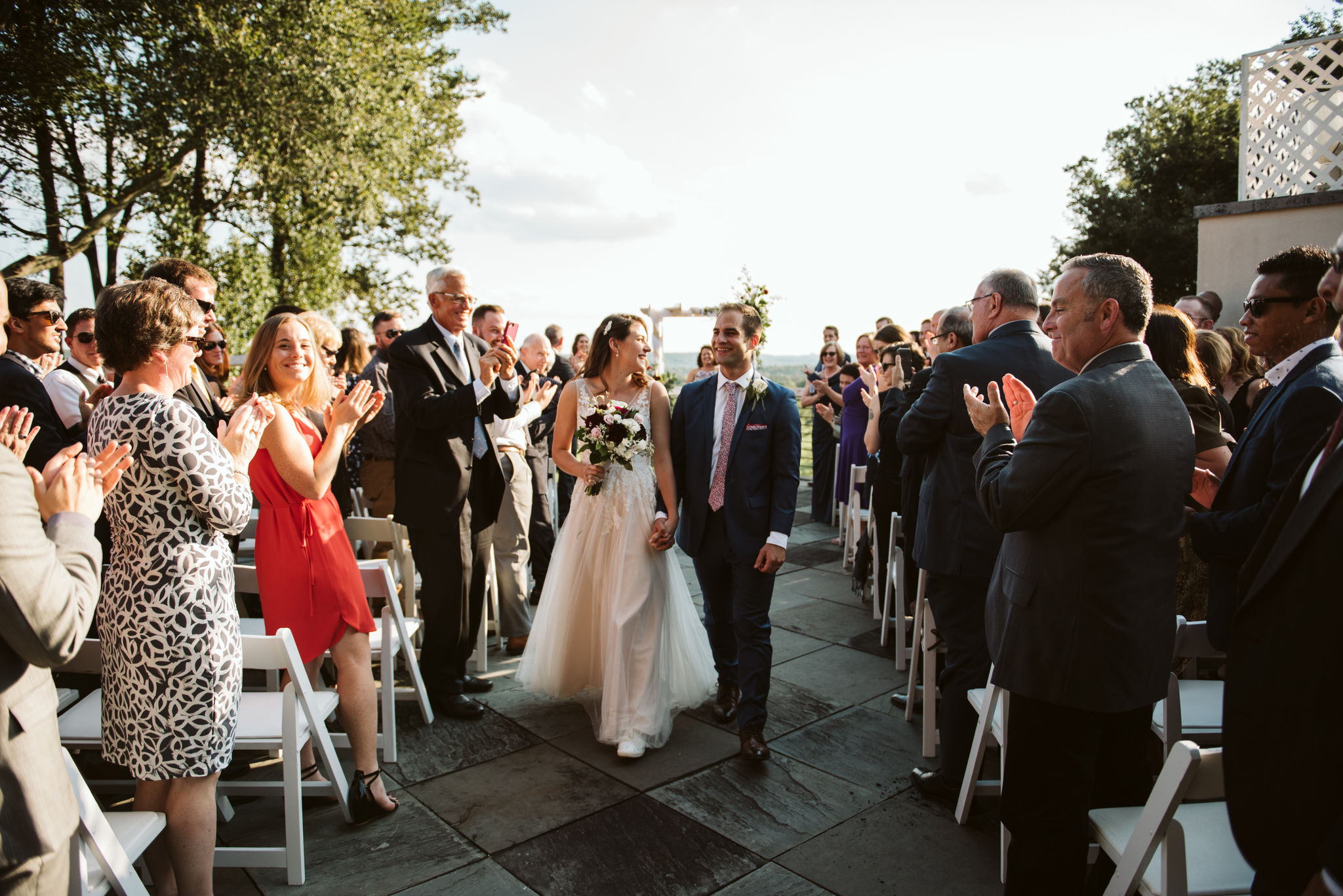  Phoenix Maryland, Baltimore Wedding Photographer, Eagle’s Nest Country Club, Classic, Romantic, Spring, Bride and Groom Walking Down Aisle with Friends Cheering, Just Married, Outdoor Ceremony 