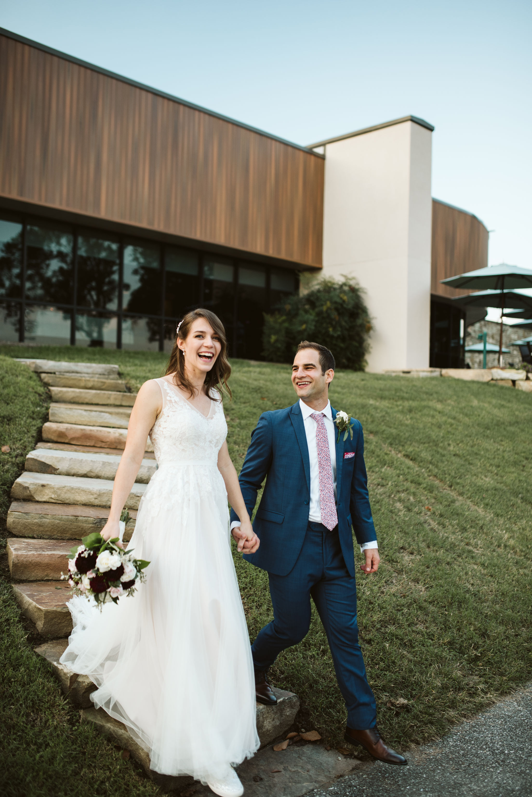  Phoenix Maryland, Baltimore Wedding Photographer, Eagle’s Nest Country Club, Classic, Romantic, Spring, Bride and Groom Walking Down Rock Stairway, BHLDN Dress, Generation Tux Suit 