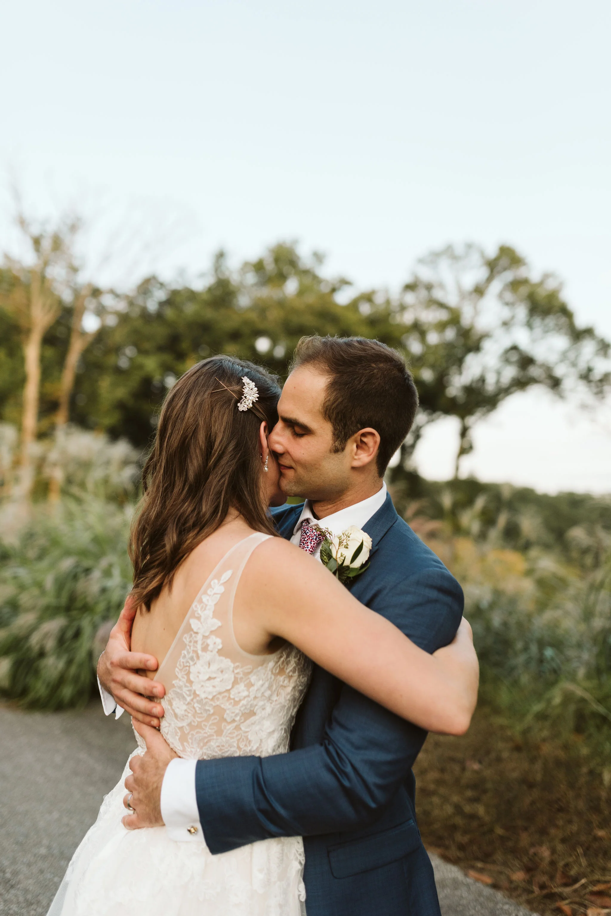 Phoenix Maryland, Baltimore Wedding Photographer, Eagle’s Nest Country Club, Classic, Romantic, Bride and Groom Hugging Sweetly, Lace Illusion Dress, Gaby Vinas Hair