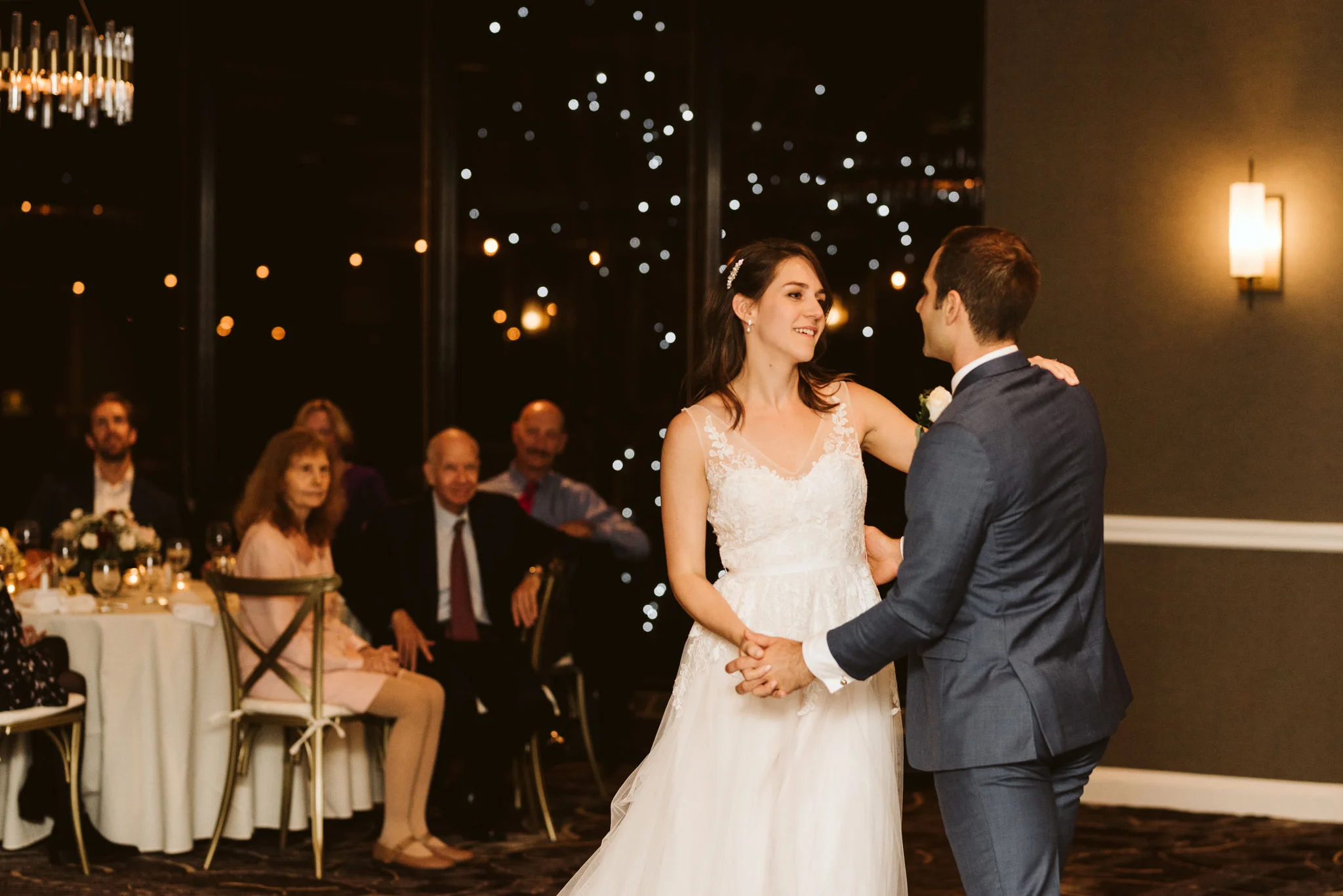 Phoenix Maryland, Baltimore Wedding Photographer, Eagle’s Nest Country Club, Classic, Romantic, Bride and Groom Sharing First Dance Among Twinkle Lights