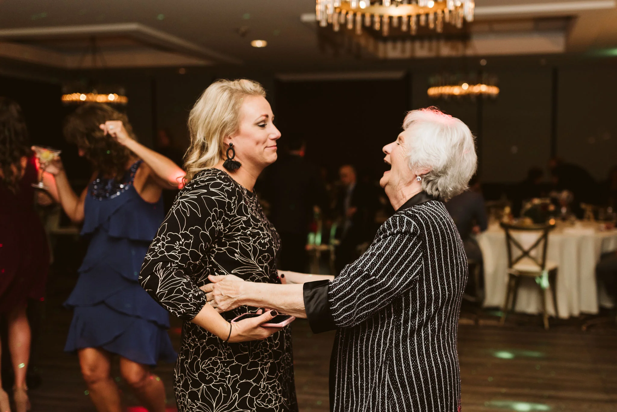 Phoenix Maryland, Baltimore Wedding Photographer, Eagle’s Nest Country Club, Classic, Romantic, Wedding Guests Laughing Together on Dancefloor at Reception