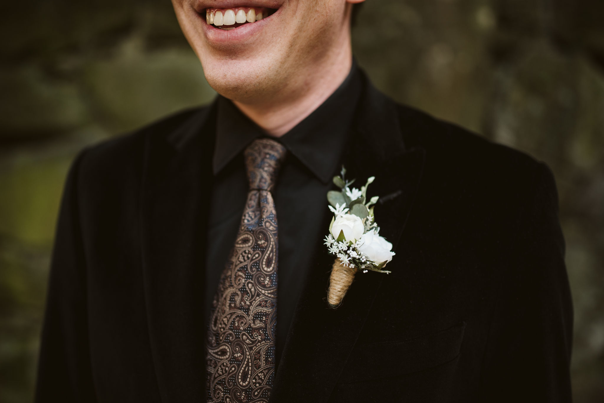  Baltimore, Maryland Wedding Photographer, The Mansion House at the Maryland Zoo, Relaxed, Romantic, Laid Back, Groom’s Boutonniere of White Roses and Twine, Paisley Tie 