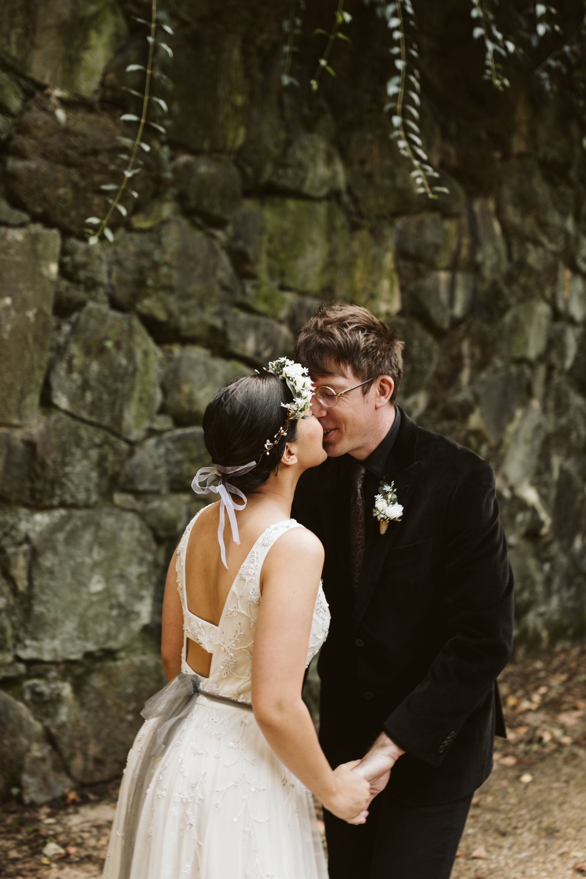  Baltimore, Maryland Wedding Photographer, The Mansion House at the Maryland Zoo, Relaxed, Romantic, Laid Back, Bride and Groom Kissing Outdoors, Flower Crown, Wedding Dress with Back Cutout 