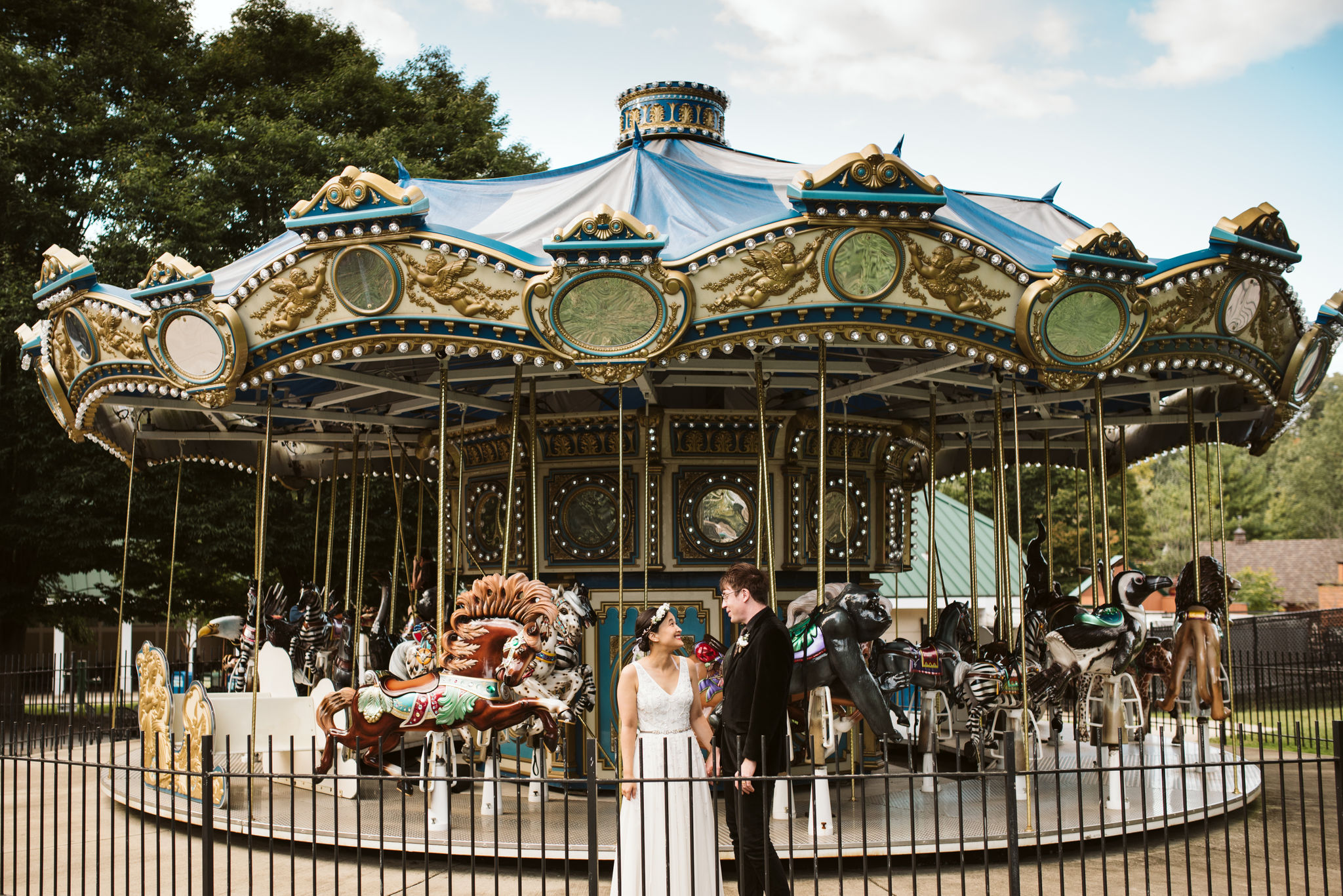  Baltimore, Maryland Wedding Photographer, The Mansion House at the Maryland Zoo, Relaxed, Romantic, Laid Back, Bride and Groom Standing in front of Vintage Carousel 