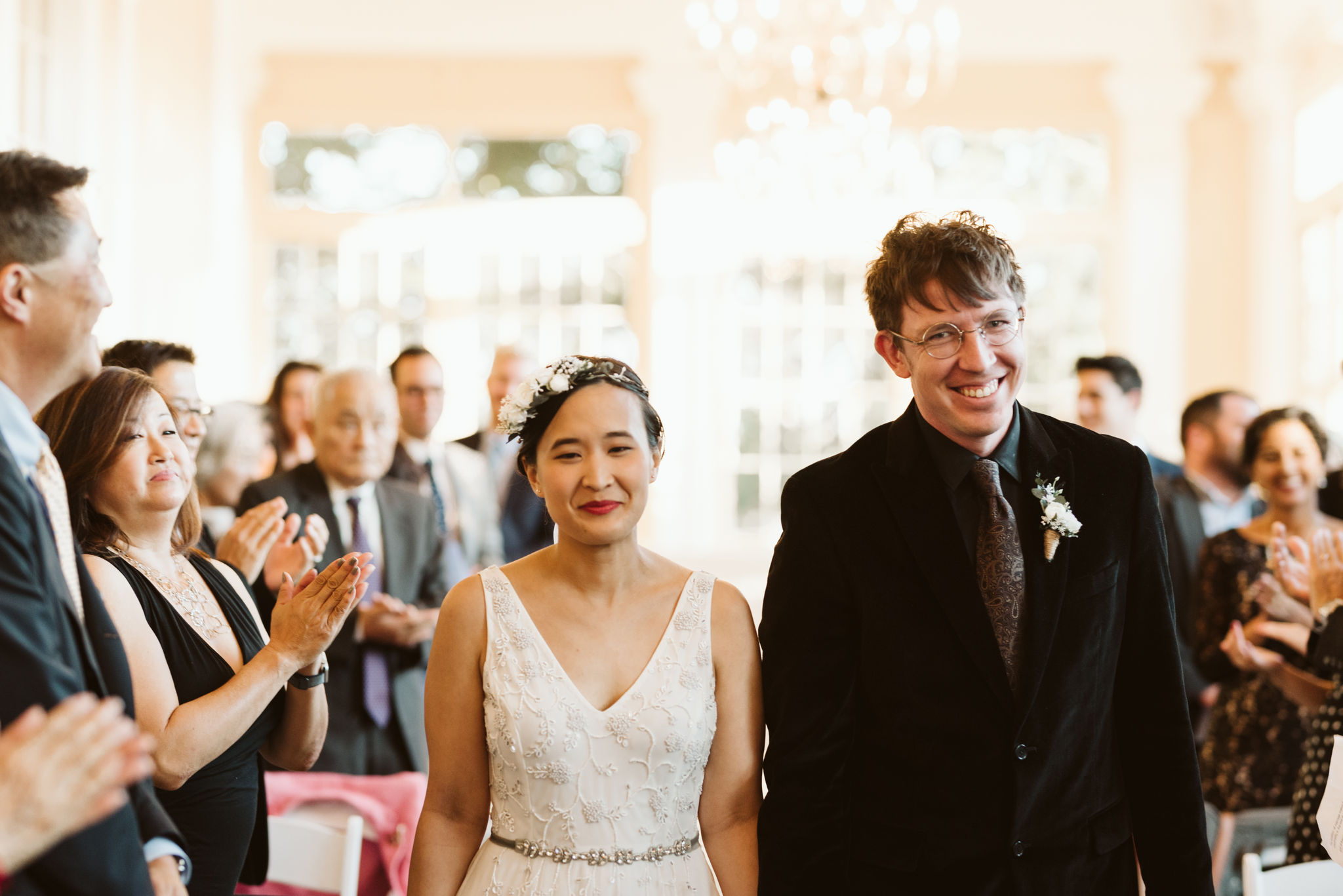  Baltimore, Maryland Wedding Photographer, The Mansion House at the Maryland Zoo, Relaxed, Romantic, Laid Back, Bride and Groom Walking Down Aisle Together While Guests Cheer 