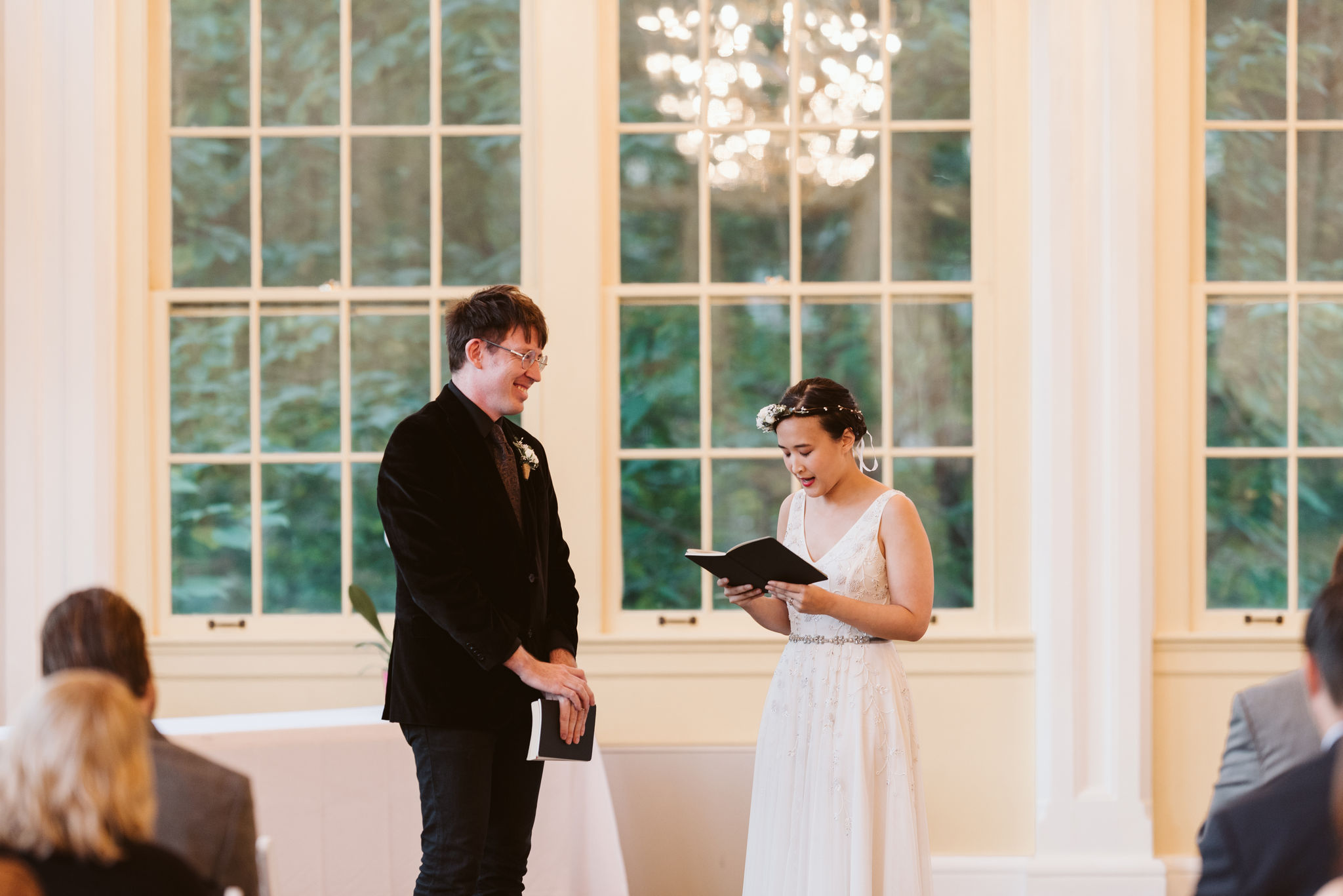  Baltimore, Maryland Wedding Photographer, The Mansion House at the Maryland Zoo, Relaxed, Romantic, Laid Back, Bride and Groom Exchanging Vows, Beaded Wedding Guests, Black Velvet Suit 