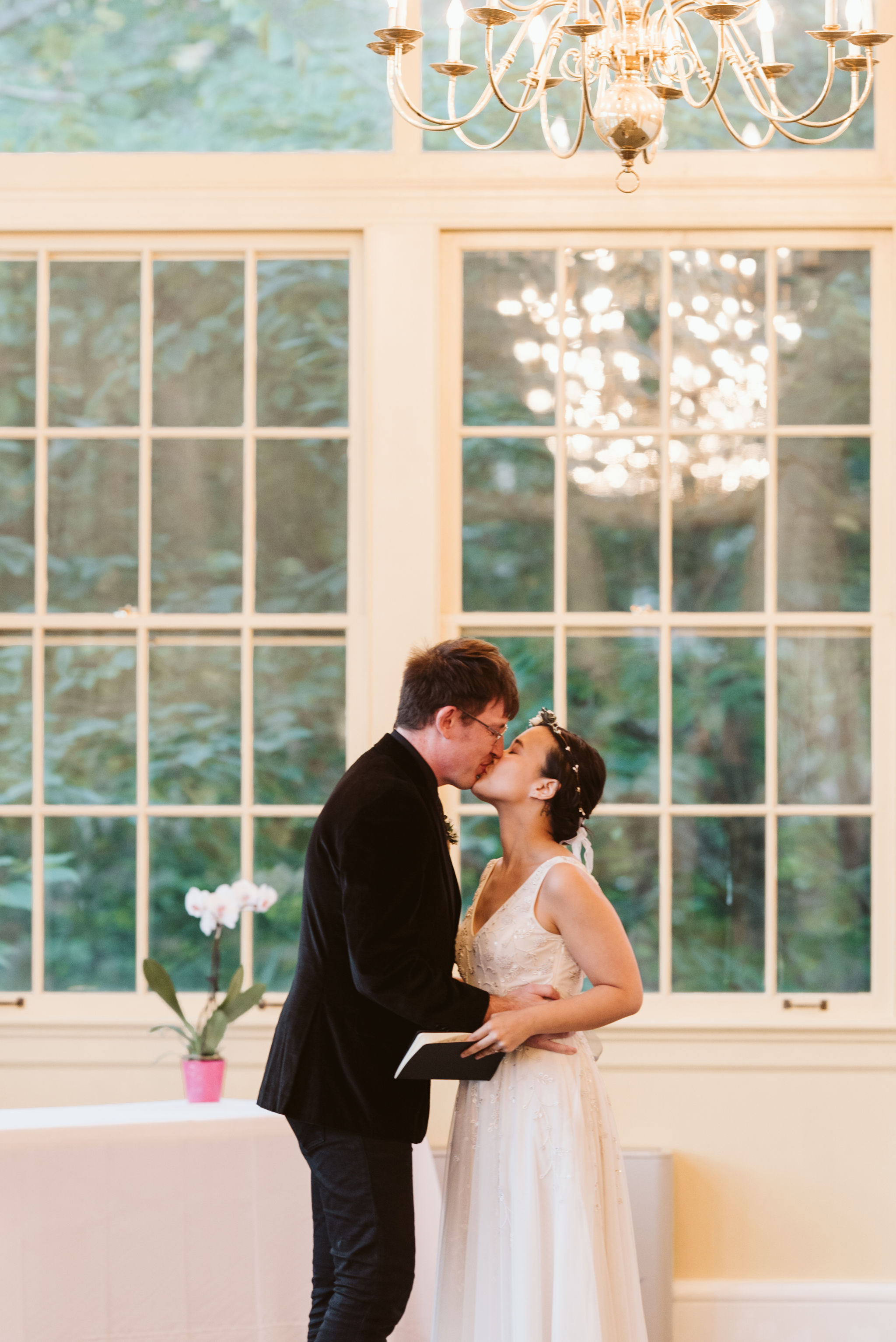  Baltimore, Maryland Wedding Photographer, The Mansion House at the Maryland Zoo, Relaxed, Romantic, Laid Back, Bride and Groom Share First Kiss, Orchids, Flower Crown 