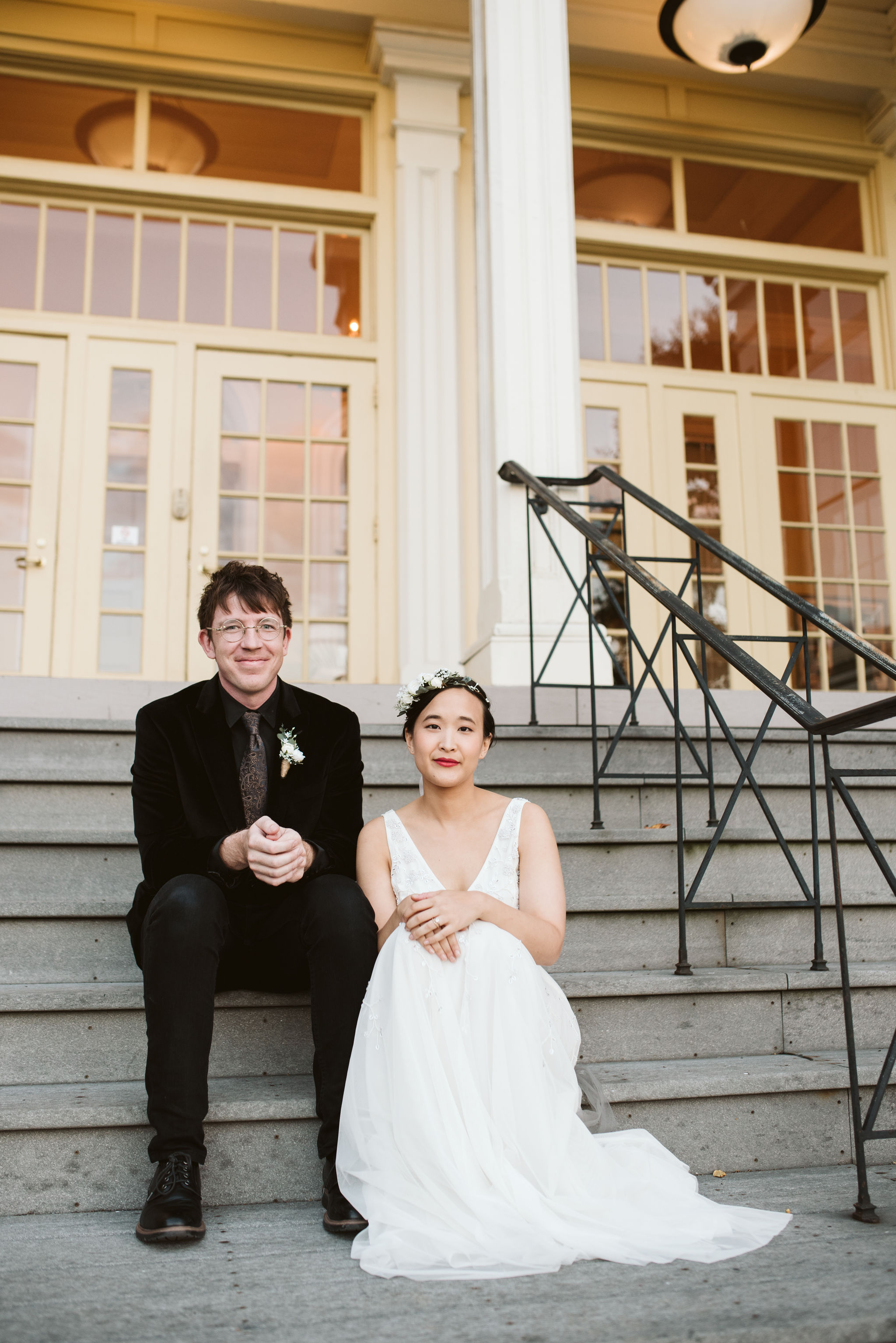  Baltimore, Maryland Wedding Photographer, The Mansion House at the Maryland Zoo, Relaxed, Romantic, Laid Back, Portrait of Bride and Groom Sitting on Steps of Mansion 