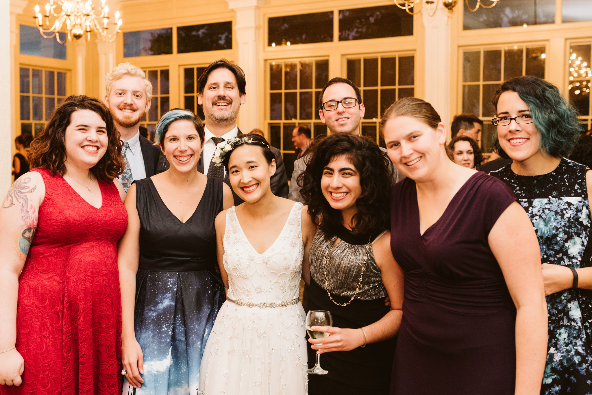  Baltimore, Maryland Wedding Photographer, The Mansion House at the Maryland Zoo, Relaxed, Romantic, Laid Back, Photo of Bride with Friends at Reception, Beaded Wedding Gown 