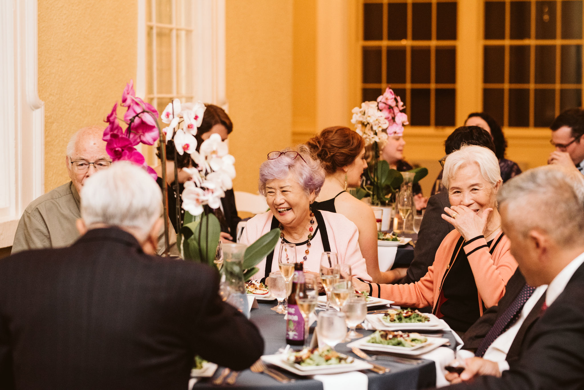  Baltimore, Maryland Wedding Photographer, The Mansion House at the Maryland Zoo, Relaxed, Romantic, Laid Back, Family Laughing Together at Reception, Purple Orchid Centerpieces 