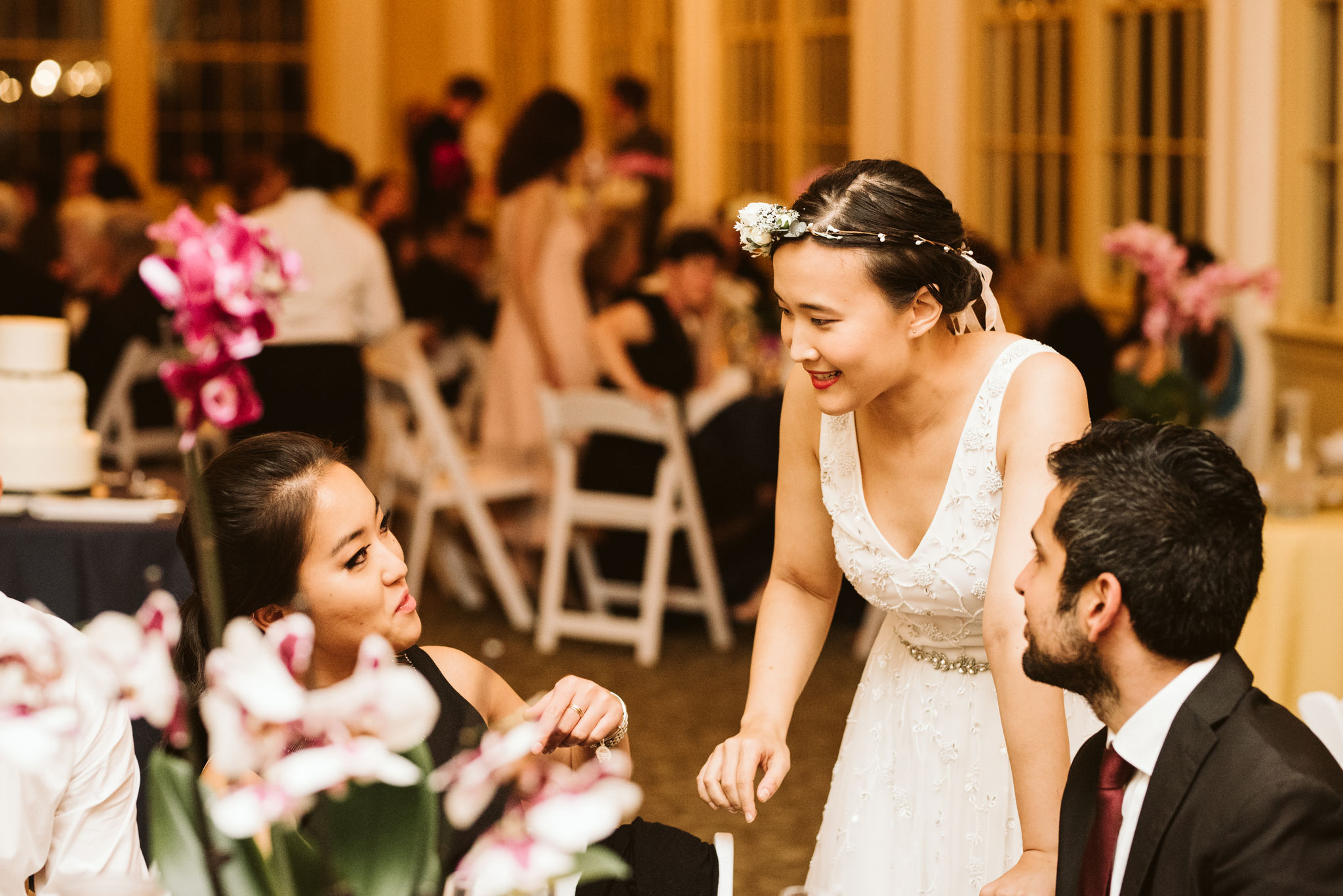  Baltimore, Maryland Wedding Photographer, The Mansion House at the Maryland Zoo, Relaxed, Romantic, Laid Back, Bride Talking with Friends During Reception, Beaded Wedding Dress 