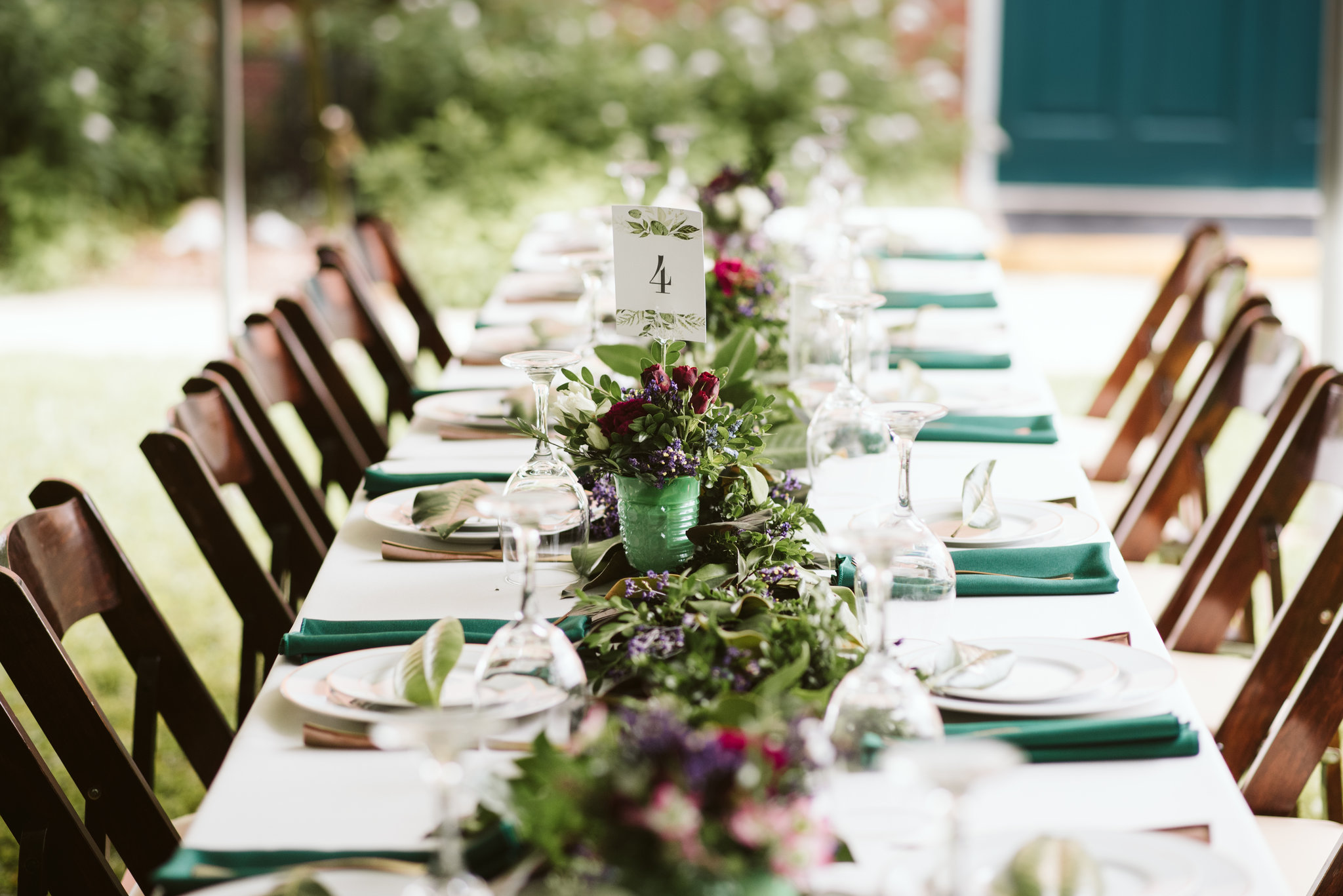 Annapolis, Quaker Wedding, Maryland Wedding Photographer, Intimate, Small Wedding, Vintage, DIY, Closeup of Table Setting, Floral Table Decoration, Table Numbers