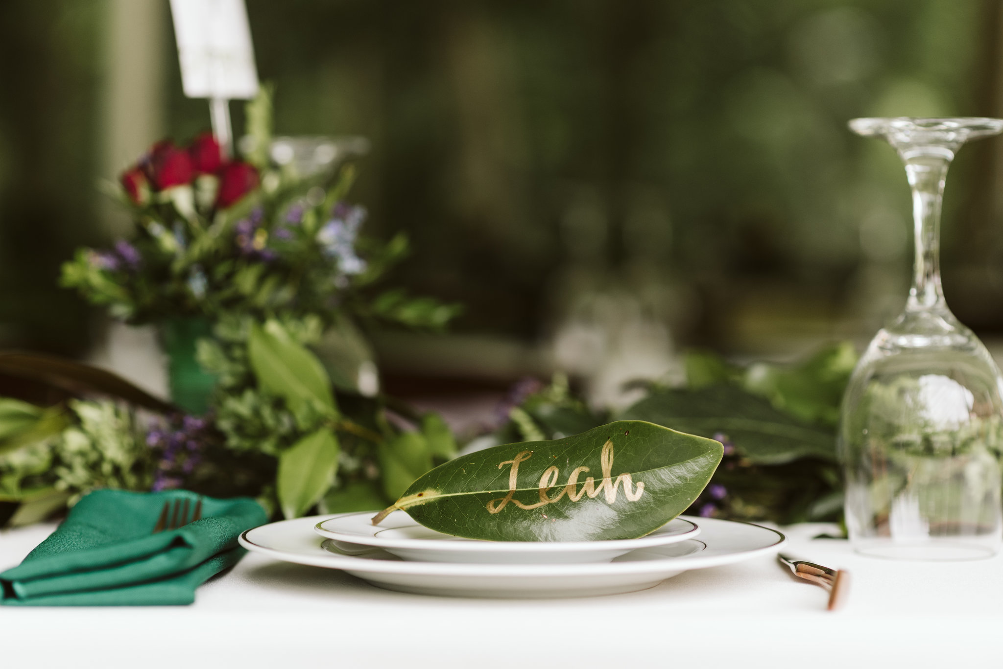 Annapolis, Quaker Wedding, Maryland Wedding Photographer, Intimate, Small Wedding, Vintage, DIY, Magnolia Leaf Namecards, Table Setting Closeup