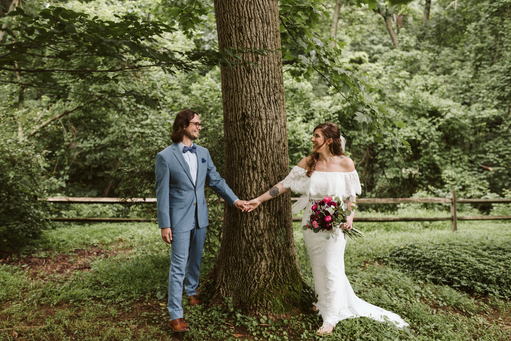  Annapolis, Quaker Wedding, Maryland Wedding Photographer, Intimate, Small Wedding, Vintage, DIY, Bride and groom Holding Hands by Tree 