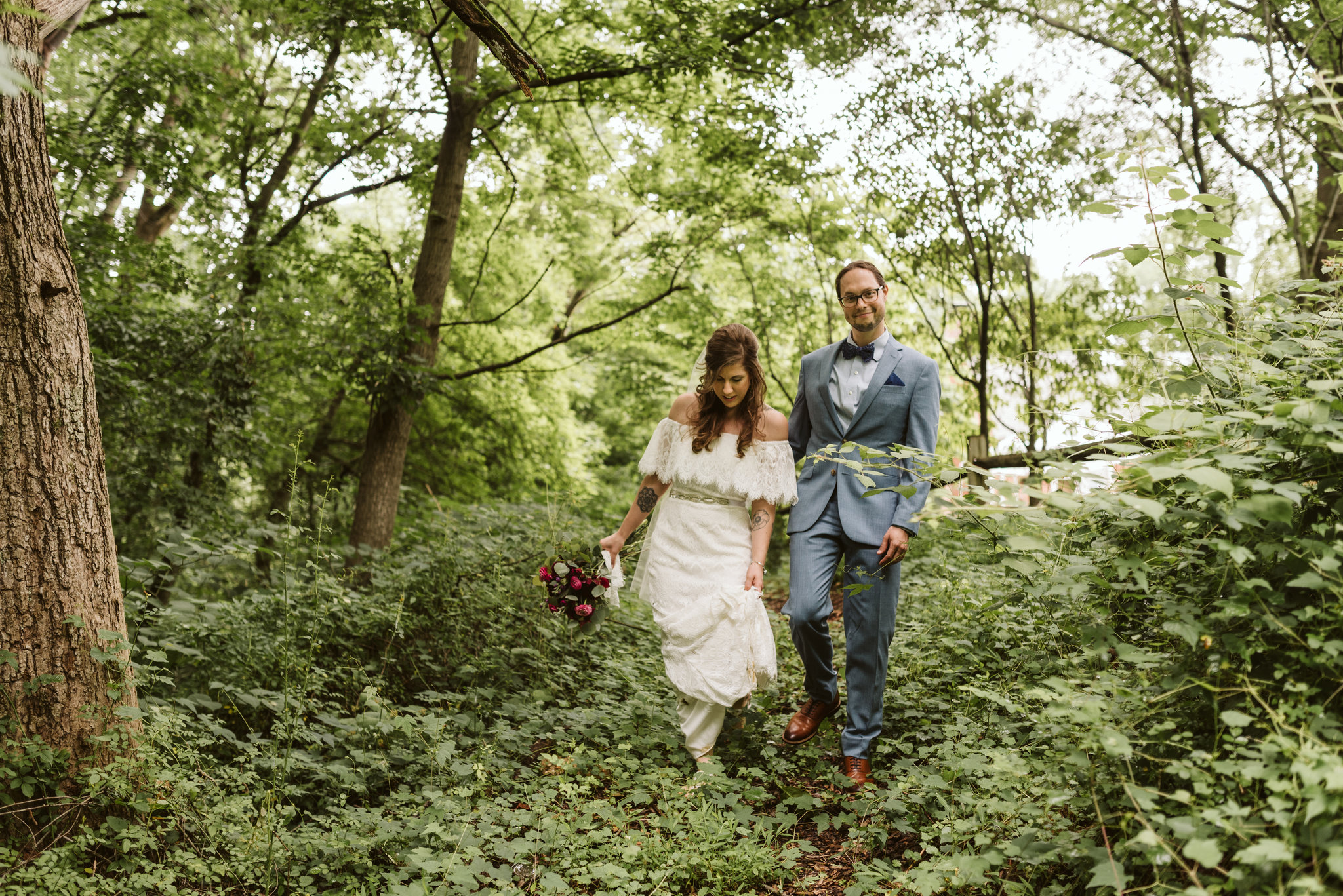  Annapolis, Quaker Wedding, Maryland Wedding Photographer, Intimate, Small Wedding, Vintage, DIY, Bride and Groom Walking through Woods 