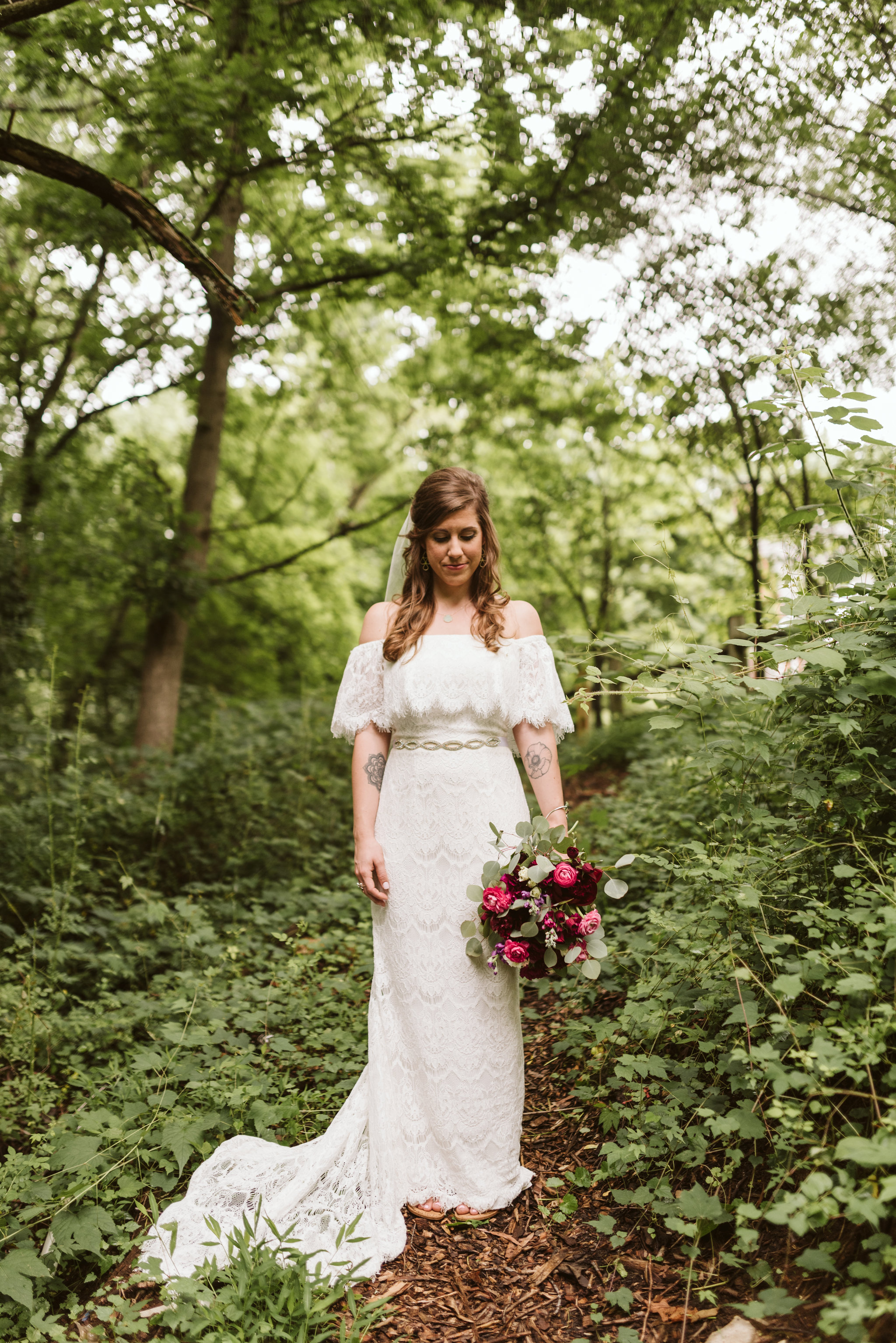  Annapolis, Quaker Wedding, Maryland Wedding Photographer, Intimate, Small Wedding, Vintage, DIY, Portrait of Bride Standing in the Woods, Lace Wedding Dress, Peonies and Eucalyptus  
