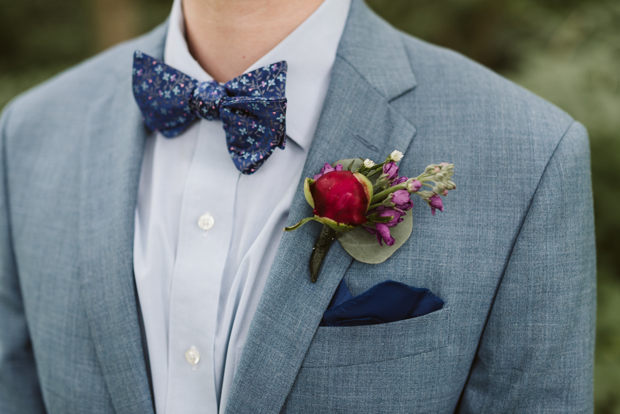  Annapolis, Quaker Wedding, Maryland Wedding Photographer, Intimate, Small Wedding, Vintage, DIY, Blue Suit, Blue Floral Bowtie, Closeup of Boutonniere 