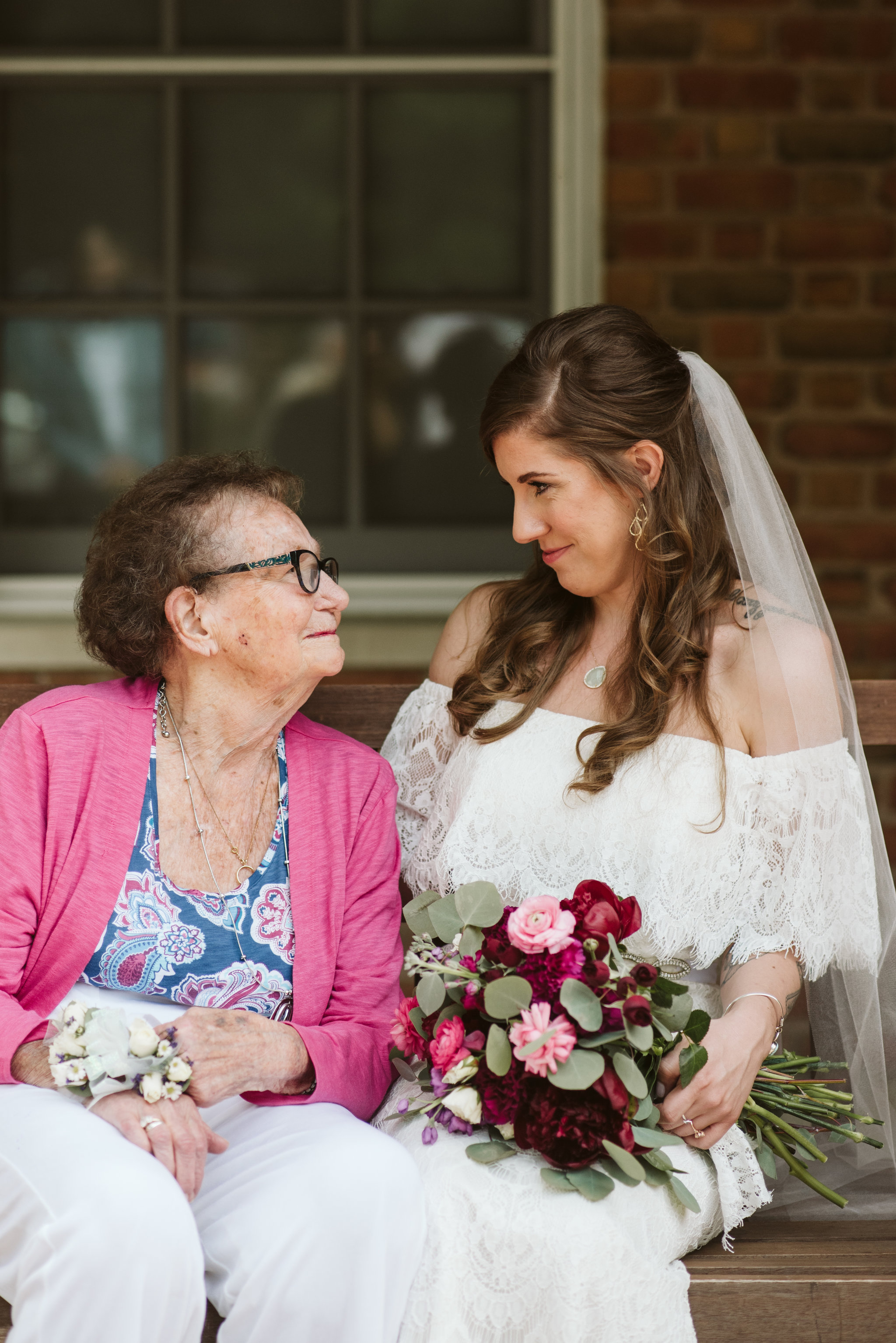  Annapolis, Quaker Wedding, Maryland Wedding Photographer, Intimate, Small Wedding, Vintage, DIY, Bride and Grandmother Smiling at Each Other, Sweet Family Portrait 