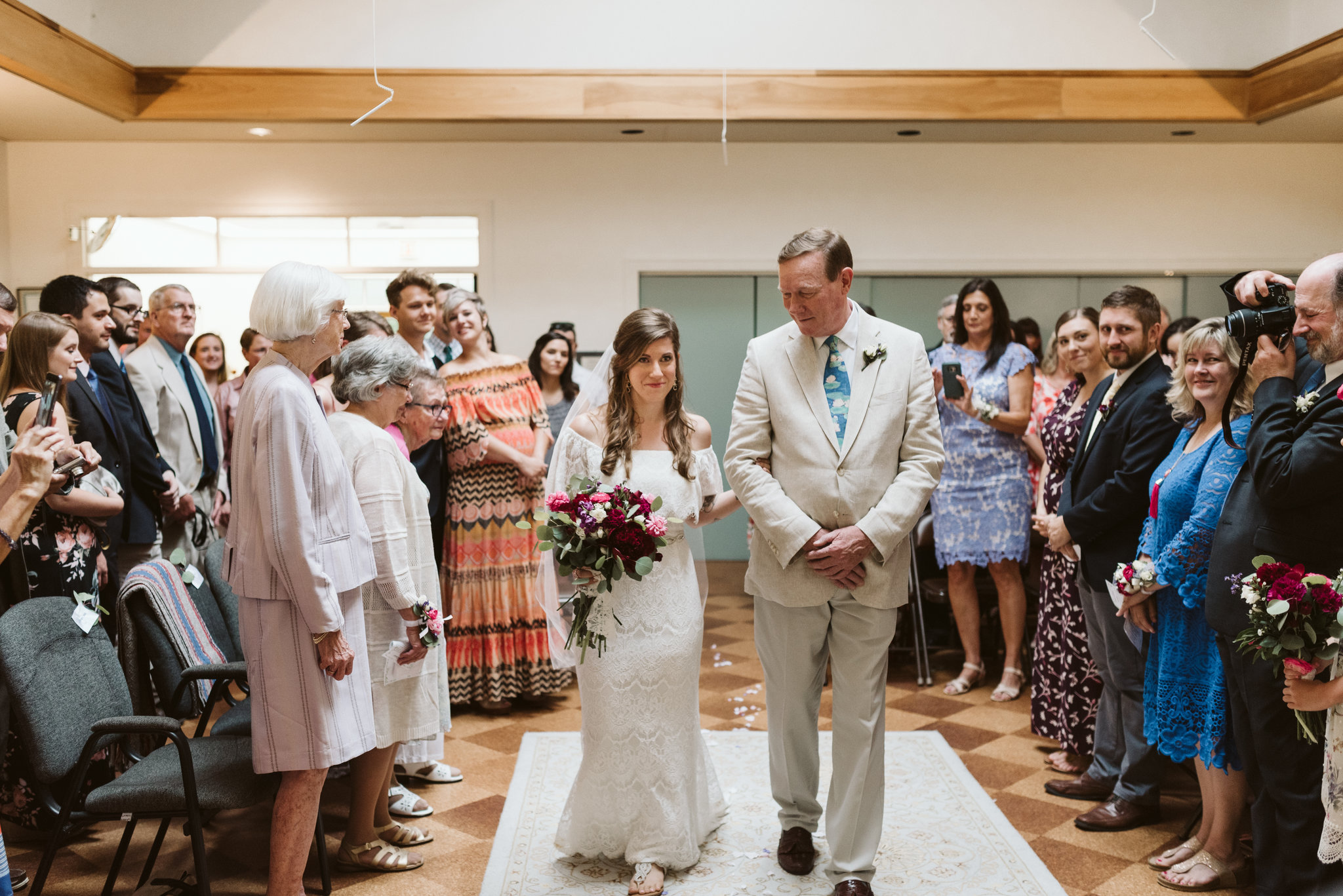  Annapolis, Quaker Wedding, Maryland Wedding Photographer, Intimate, Small Wedding, Vintage, DIY, Bride Walking Down Aisle with Father, Wedding Guests Standing during Ceremony 