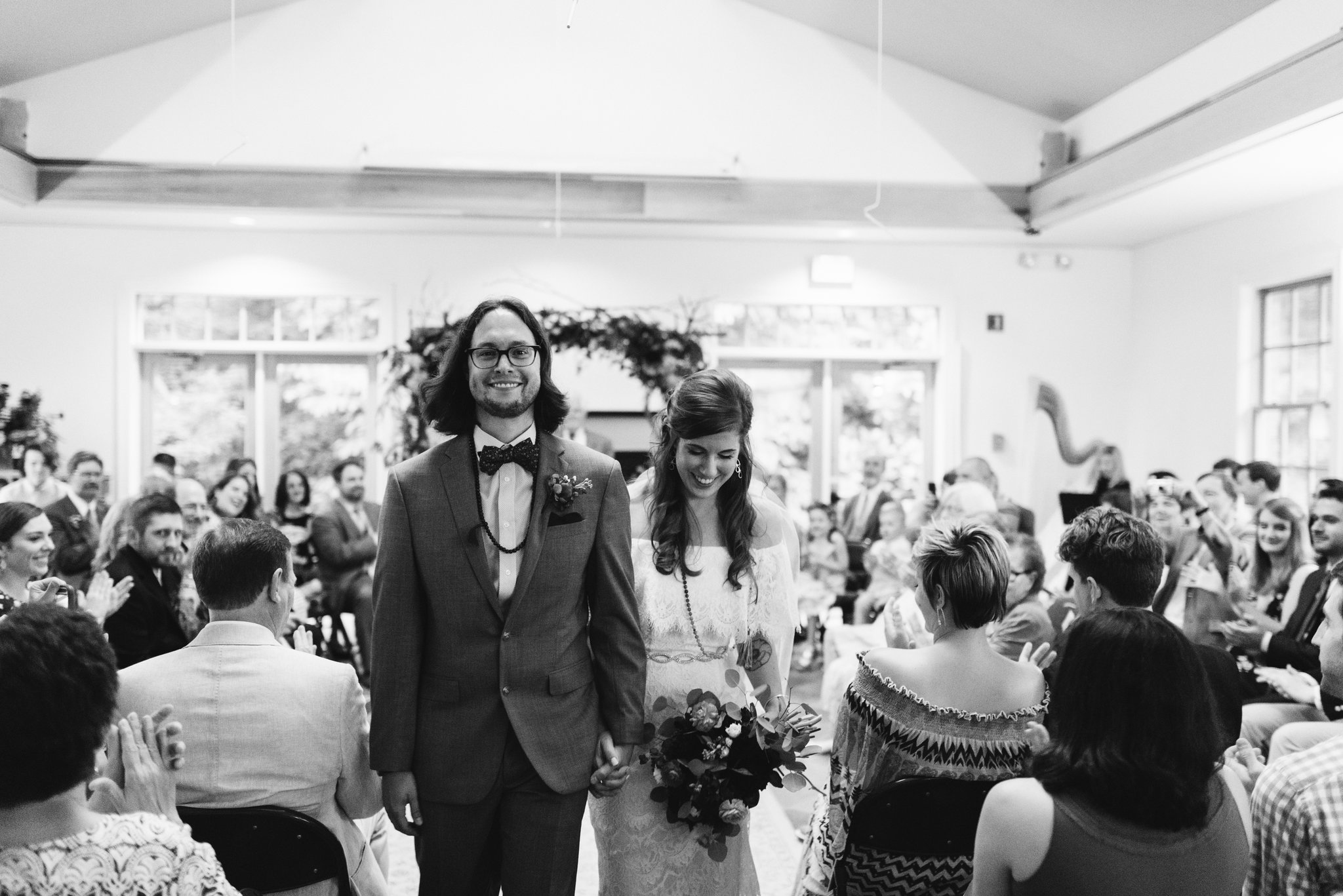  Annapolis, Quaker Wedding, Maryland Wedding Photographer, Intimate, Small Wedding, Vintage, DIY, Bride and groom Walking Down Aisle Together, Black and White Photo 