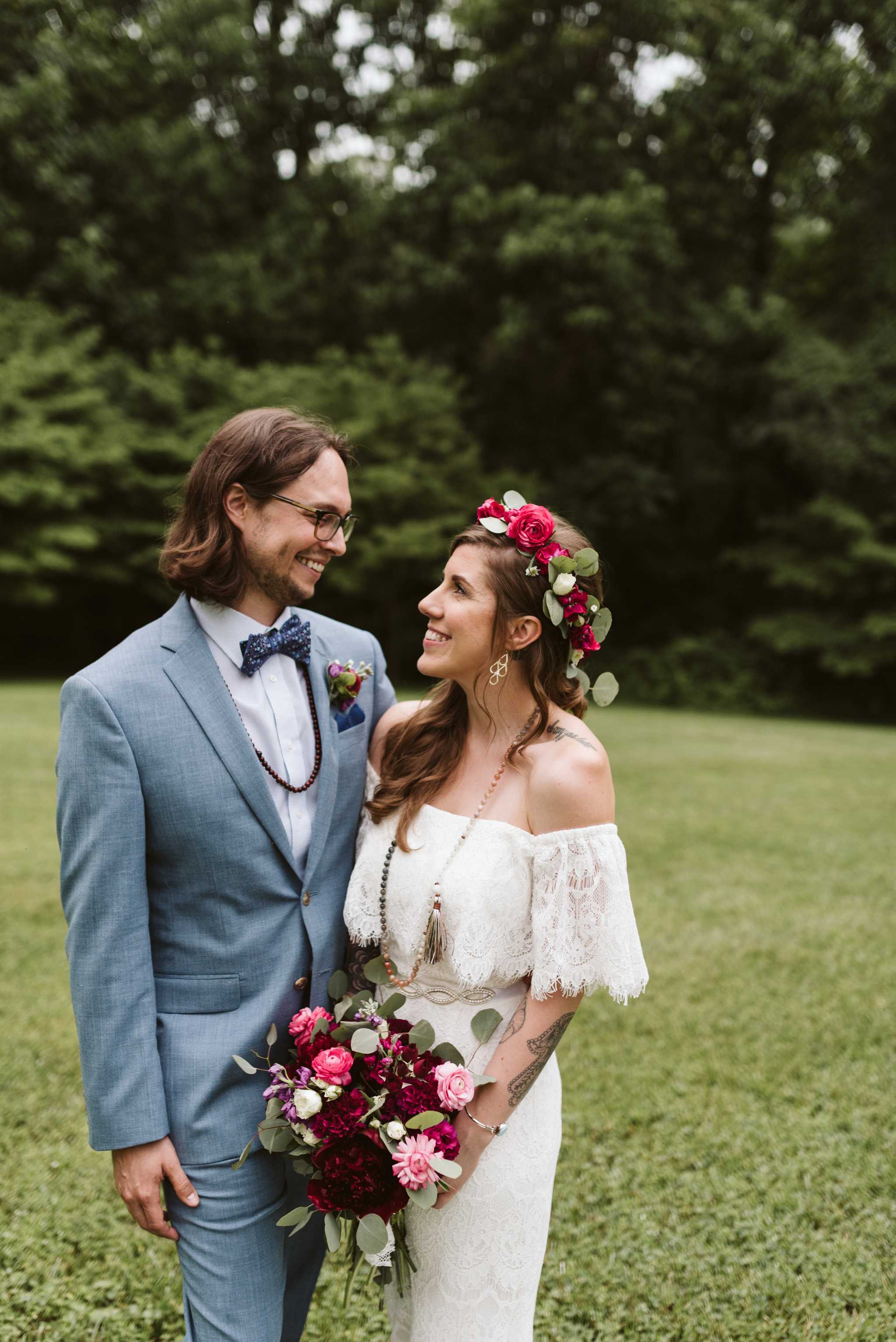  Annapolis, Quaker Wedding, Maryland Wedding Photographer, Intimate, Small Wedding, Vintage, DIY, Bride and Groom Smiling at Each Other, Outdoor Reception 