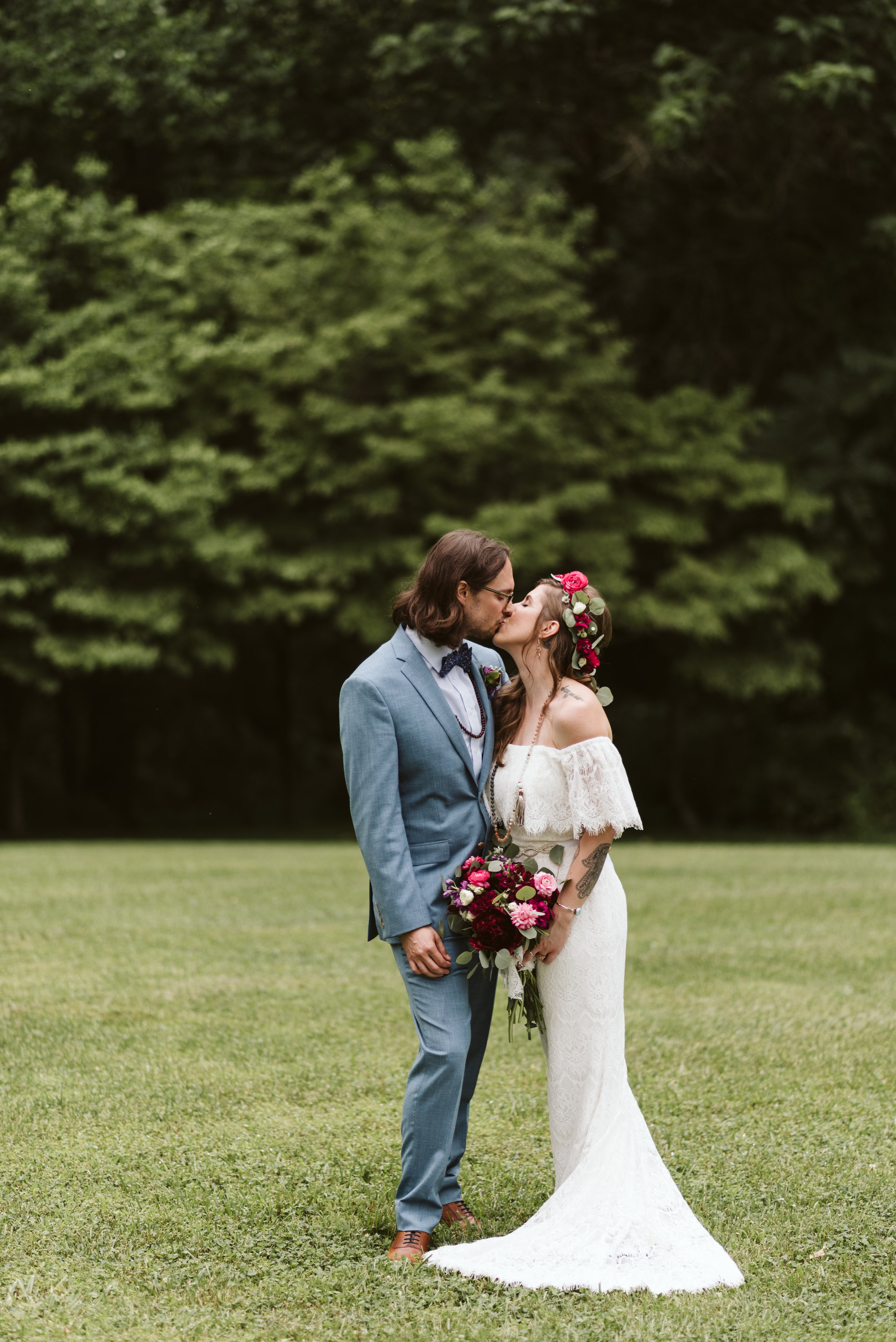 Annapolis, Quaker Wedding, Maryland Wedding Photographer, Intimate, Small Wedding, Vintage, DIY, Bride and groom Kissing Outside, Portrait of Bride and Groom, Flower Crown