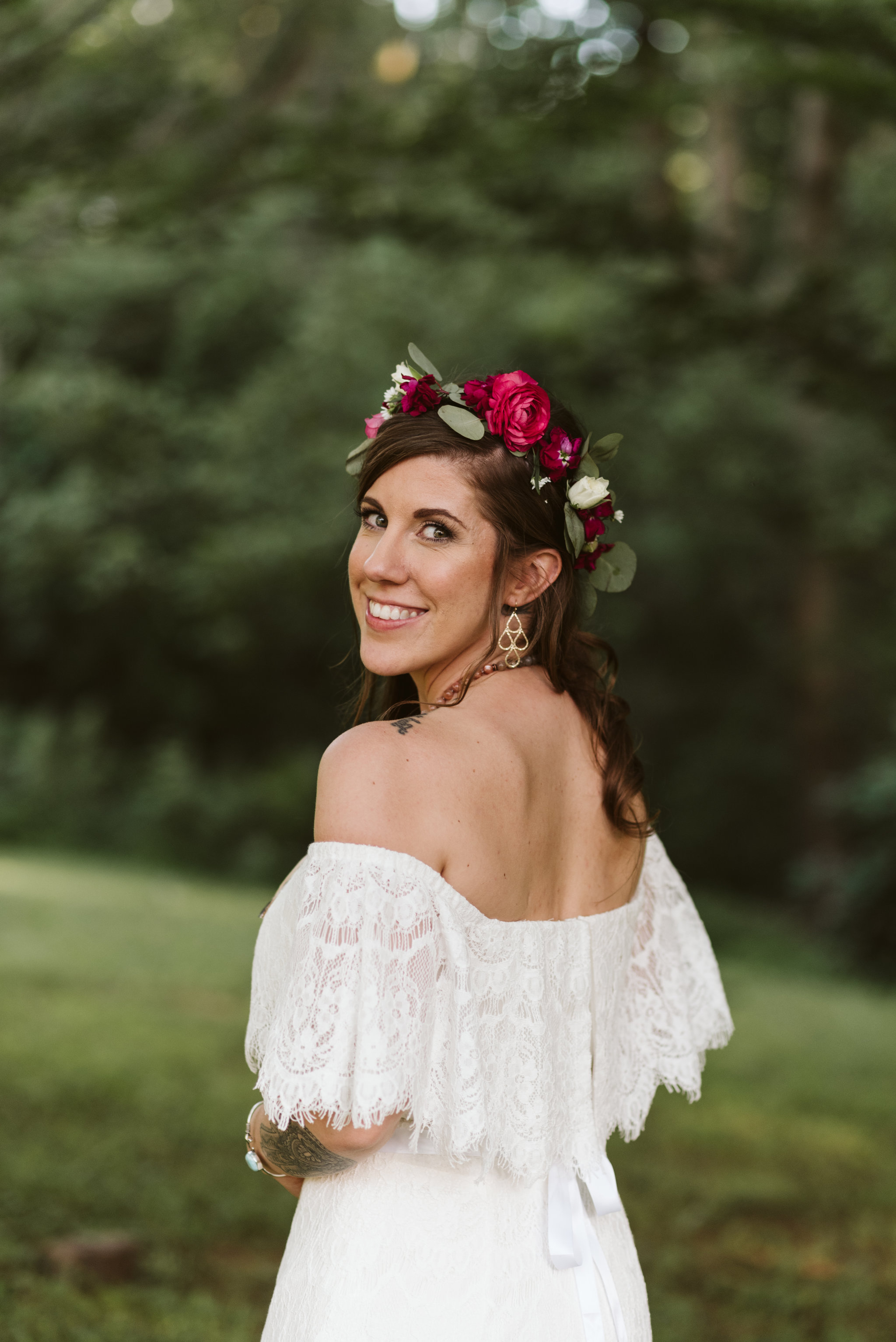 Annapolis, Quaker Wedding, Maryland Wedding Photographer, Intimate, Small Wedding, Vintage, DIY, Portrait of Bride Looking Over Shoulder, Flower Crown, Pink Peony
