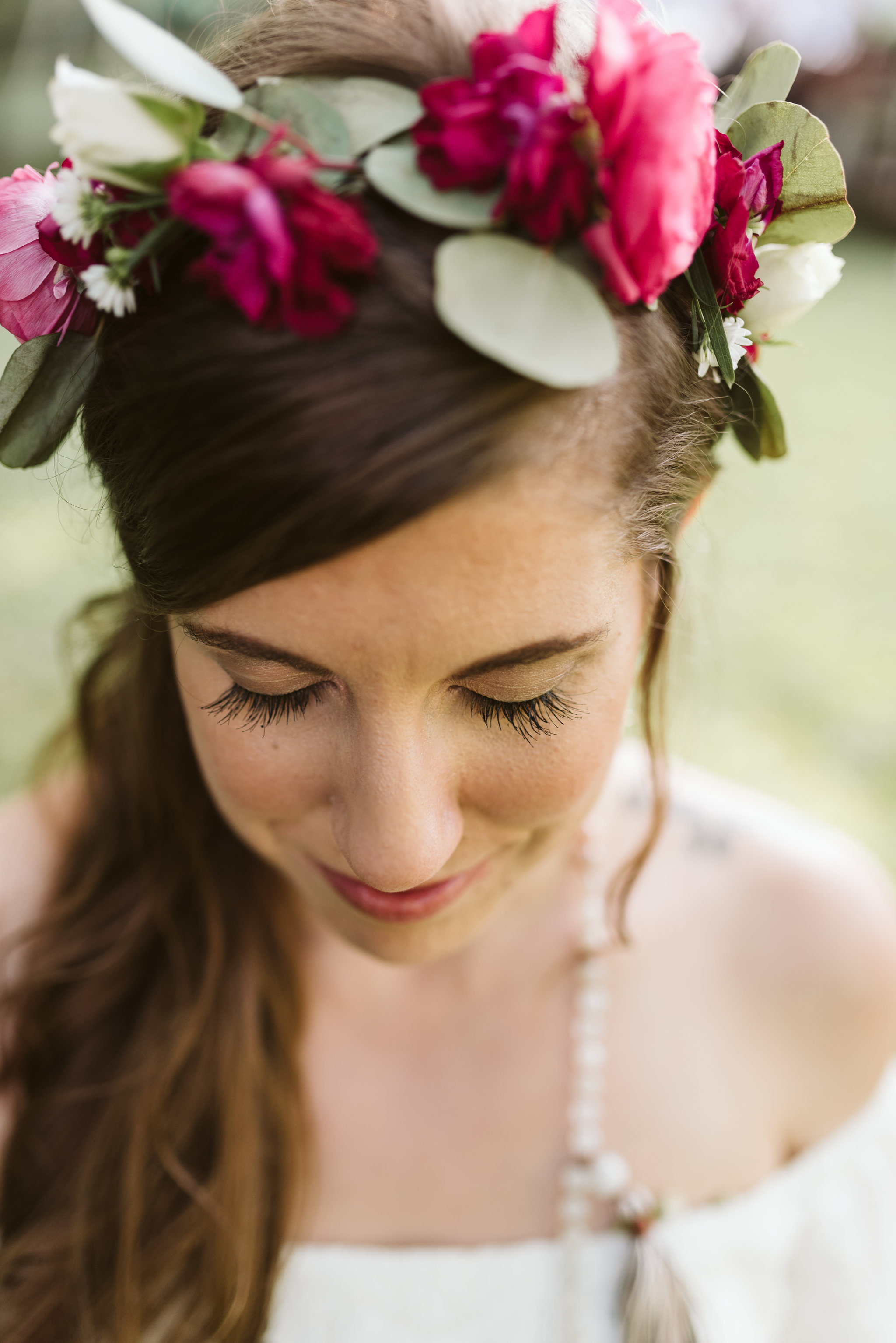  Annapolis, Quaker Wedding, Maryland Wedding Photographer, Intimate, Small Wedding, Vintage, DIY, Closeup of Bride, Flower Crown, Pink and White Flowers, Classic Bridal Makeup 