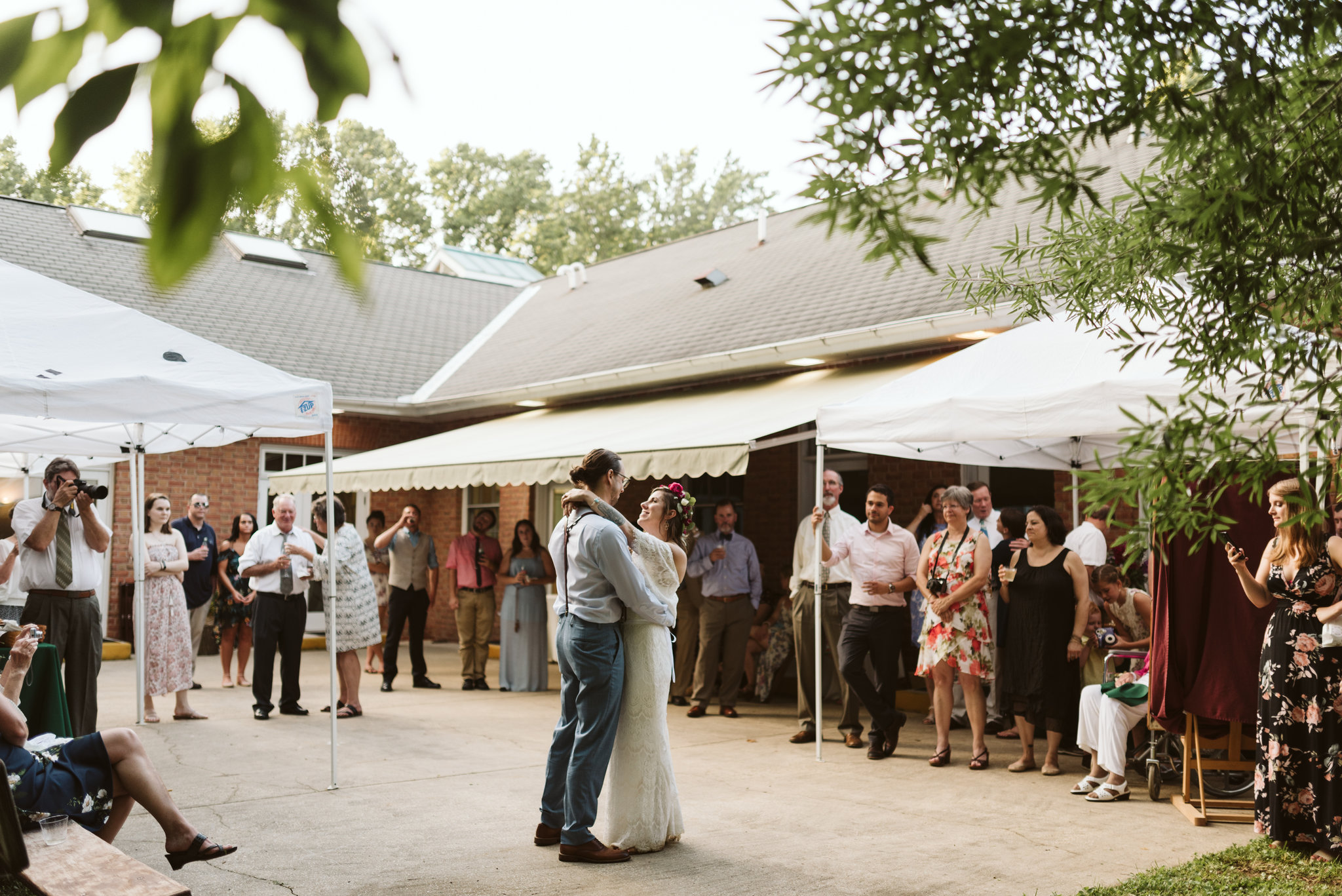 Annapolis, Quaker Wedding, Maryland Wedding Photographer, Intimate, Small Wedding, Vintage, DIY, Bride and Groom Have First Dance Outside, Guests Watch First Dance 