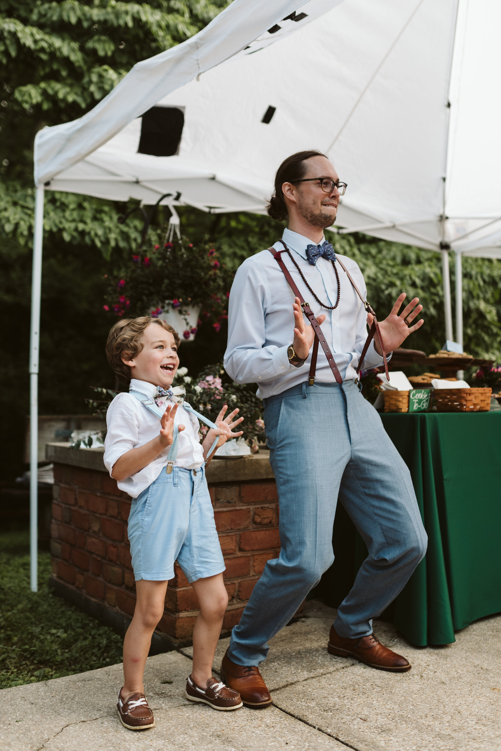  Annapolis, Quaker Wedding, Maryland Wedding Photographer, Intimate, Small Wedding, Vintage, DIY, Groom and Ring Bearer Dancing, Suspenders 
