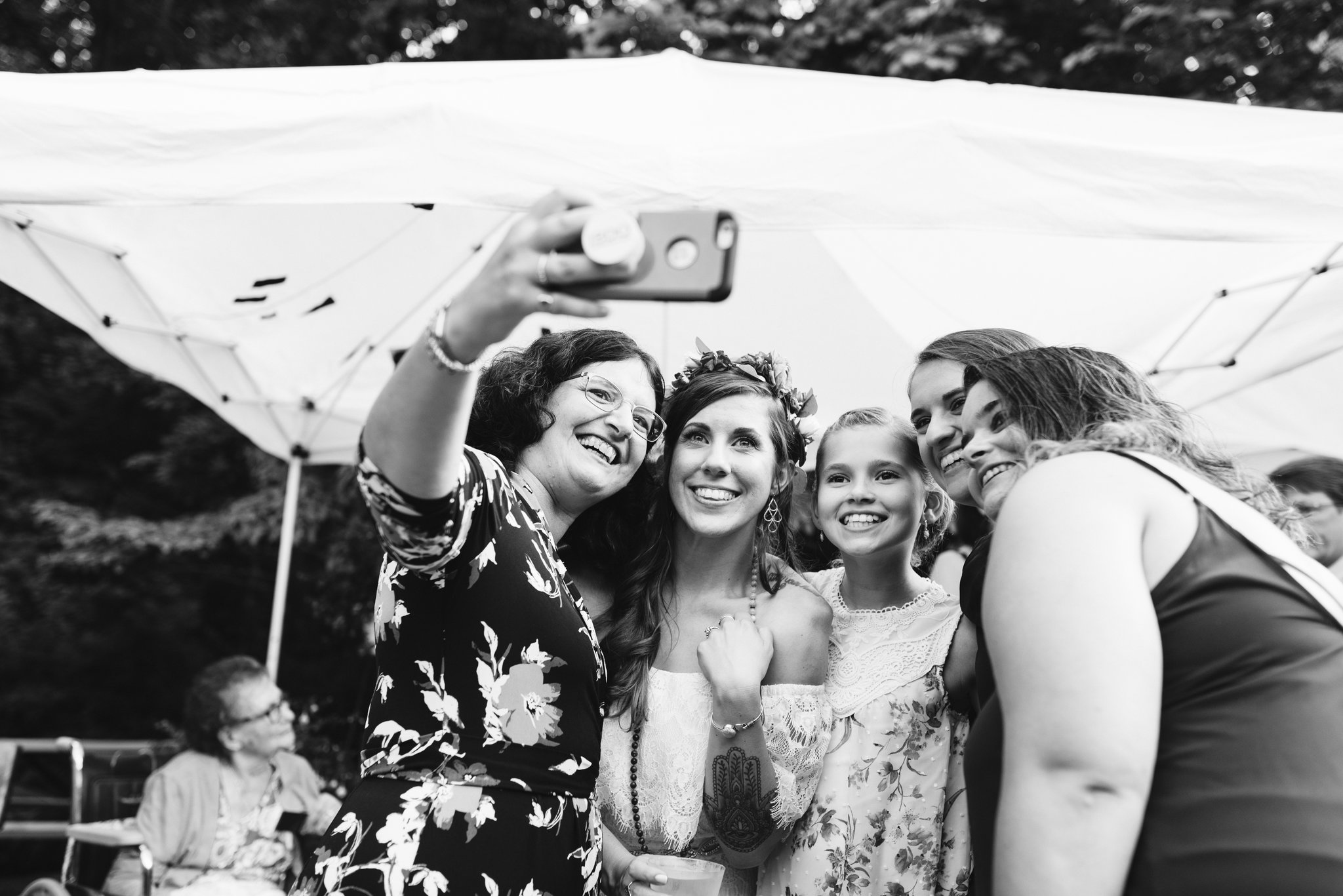  Annapolis, Quaker Wedding, Maryland Wedding Photographer, Intimate, Small Wedding, Vintage, DIY, Bride Taking Selfie with Family, Black and White Photo 
