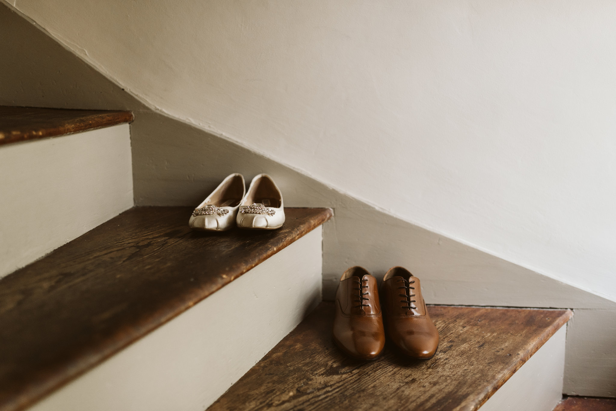  Ellicott City, Baltimore Wedding Photographer, Wayside Inn, Summer Wedding, Romantic, Traditional, Bride’s and Groom’s Shoes on Staircase, Badgley Mischka and Nishant, Aldo 