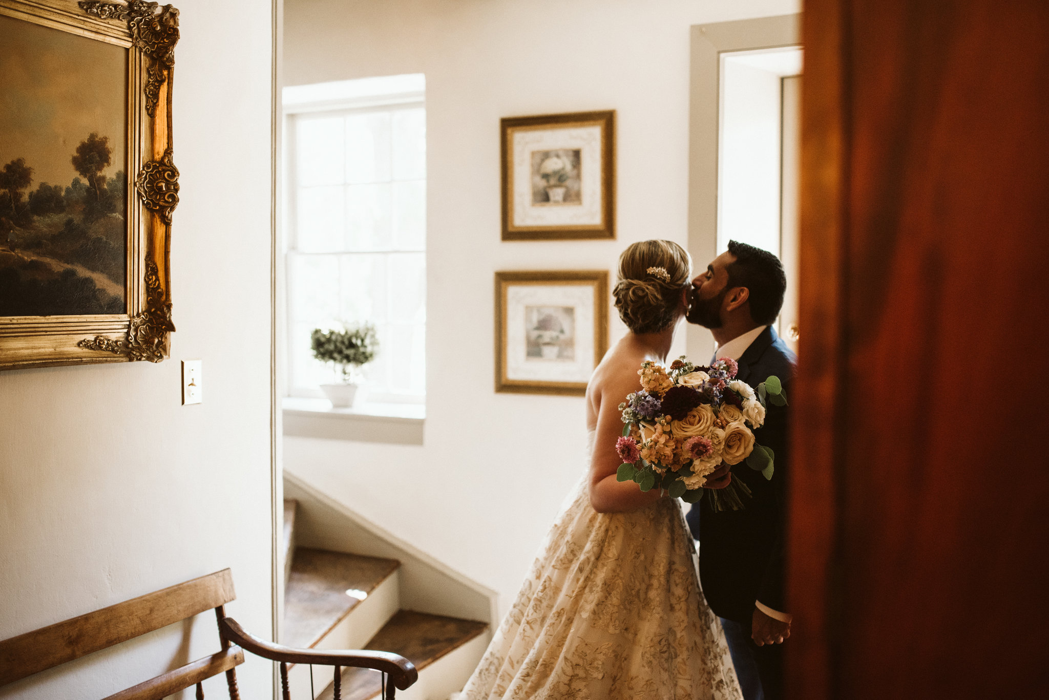  Ellicott City, Baltimore Wedding Photographer, Wayside Inn, Summer Wedding, Romantic, Traditional, Groom Kissing Bride on the Cheek, First Look, Fleur de Lis Flowers 