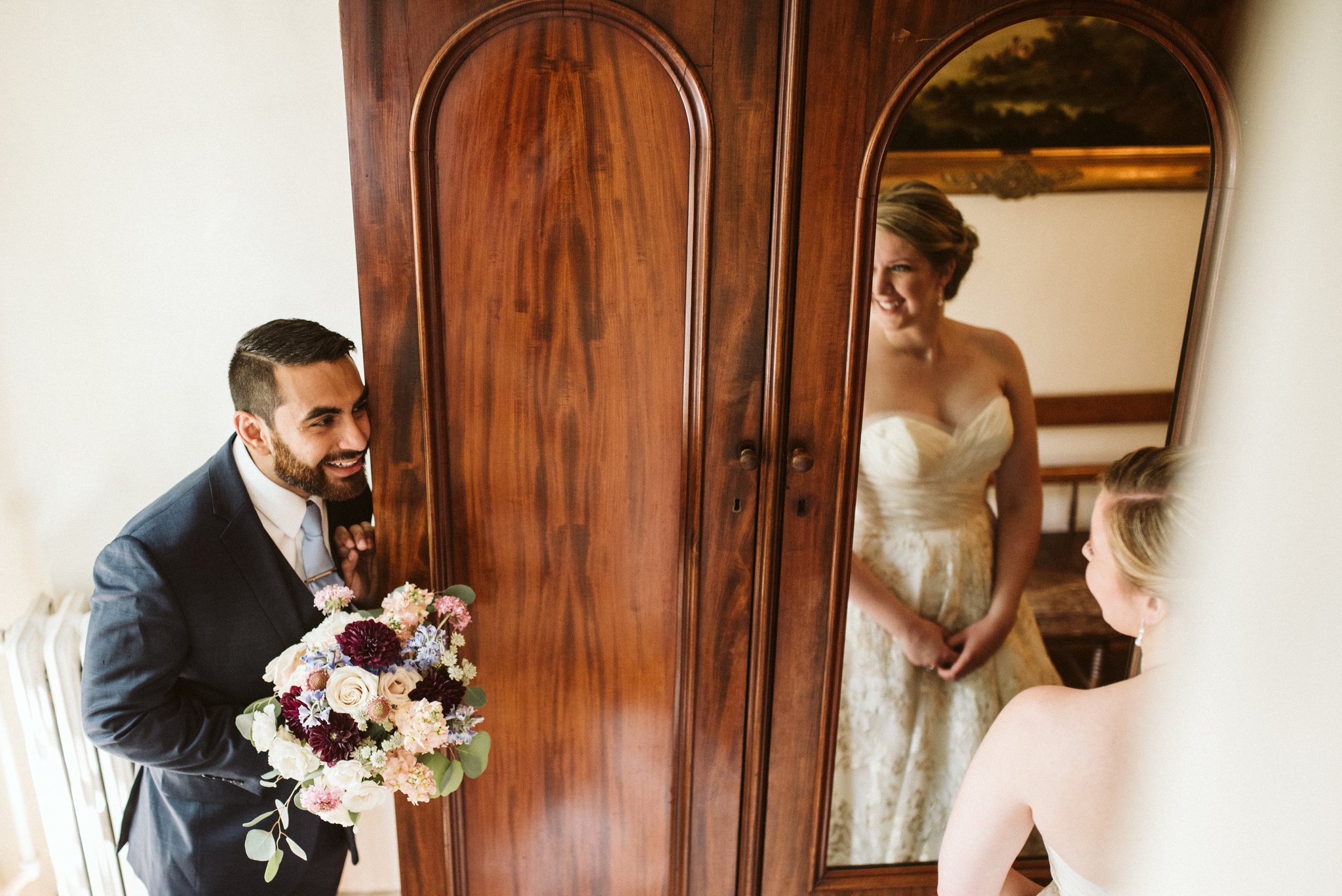  Ellicott City, Baltimore Wedding Photographer, Wayside Inn, Summer Wedding, Romantic, Traditional, Groom Holding Bouquet While Looking at Bride, Sweet Portrait, Matthew Christopher Gown 