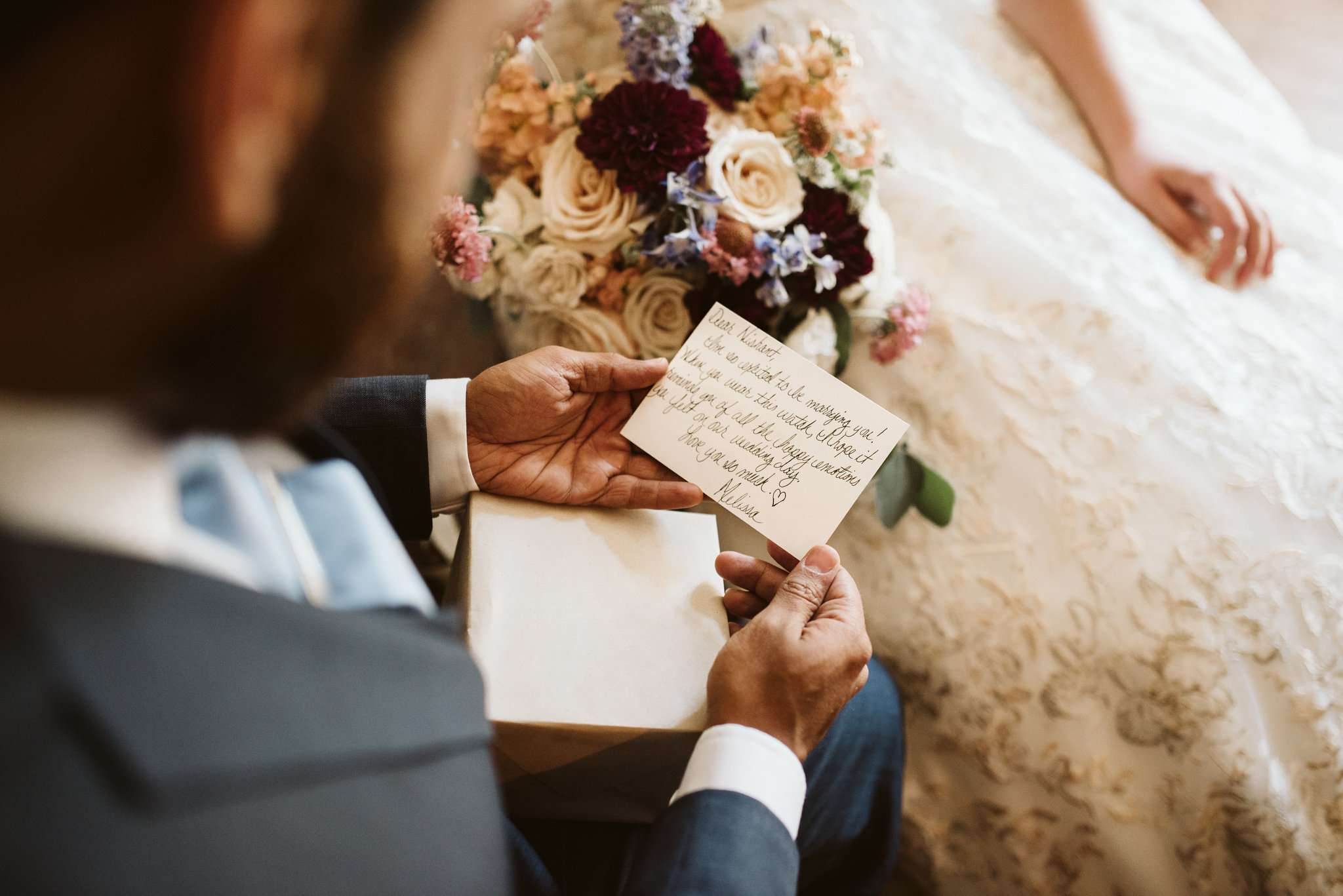  Ellicott City, Baltimore Wedding Photographer, Wayside Inn, Summer Wedding, Romantic, Traditional, Groom Reading Note from Bride before Ceremony, Fleur de Lis Flowers 