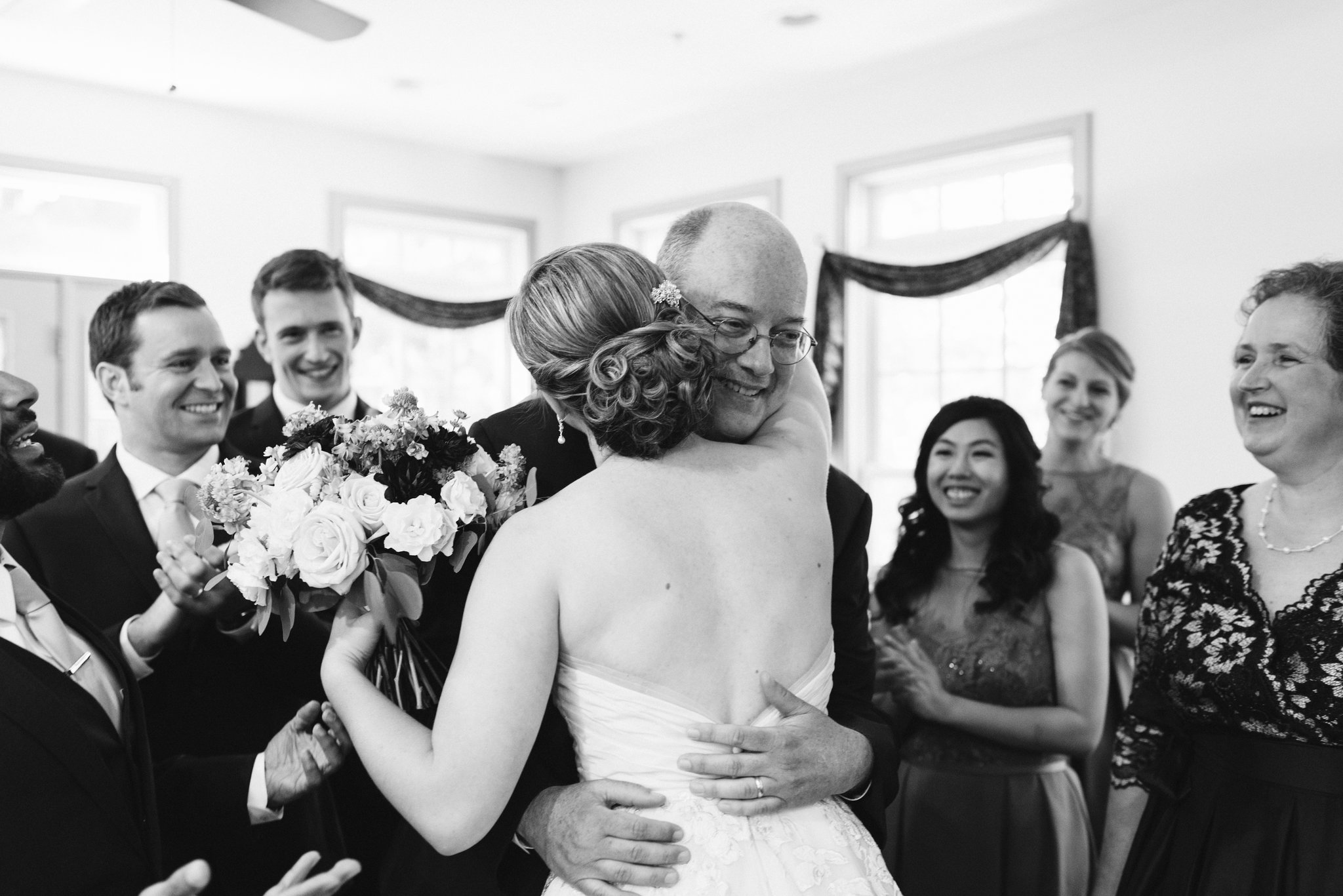 Ellicott City, Baltimore Wedding Photographer, Wayside Inn, Summer Wedding, Romantic, Traditional, Bride Hugging Father of the Bride, Allison Harper and Co Hair, Black and White Photo 