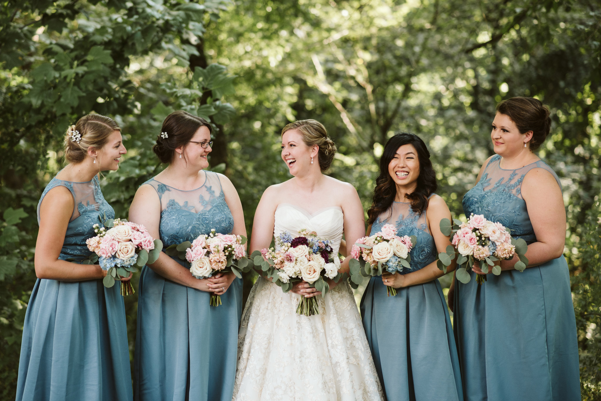  Ellicott City, Baltimore Wedding Photographer, Wayside Inn, Summer Wedding, Romantic, Traditional, Portrait of Bride Laughing with Bridesmaids, Fleur de Lis Bouquets, Blue David’s Bridal Dresses 