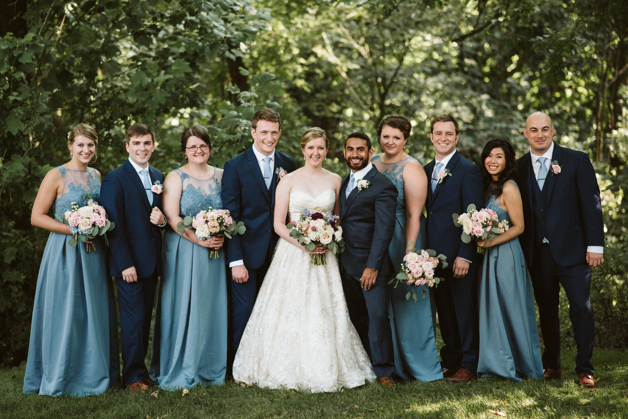  Ellicott City, Baltimore Wedding Photographer, Wayside Inn, Summer Wedding, Romantic, Traditional, Portrait of Bride and Groom with Wedding Party, Fleur de Lis Flowers, Blue Bridesmaid Dresses 