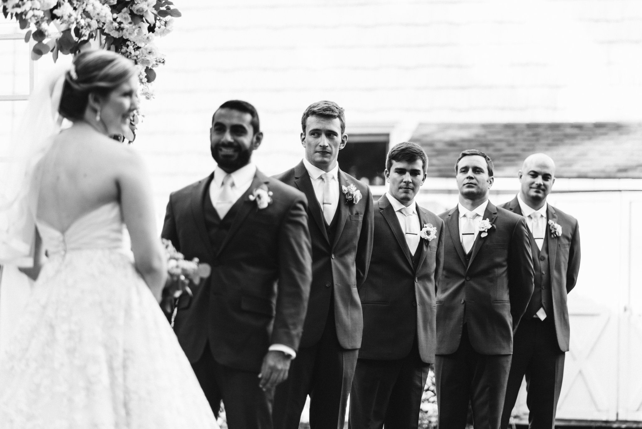  Ellicott City, Baltimore Wedding Photographer, Wayside Inn, Summer Wedding, Romantic, Traditional, Groomsmen Watching Bride and Groom at Ceremony, Black and White Photo 