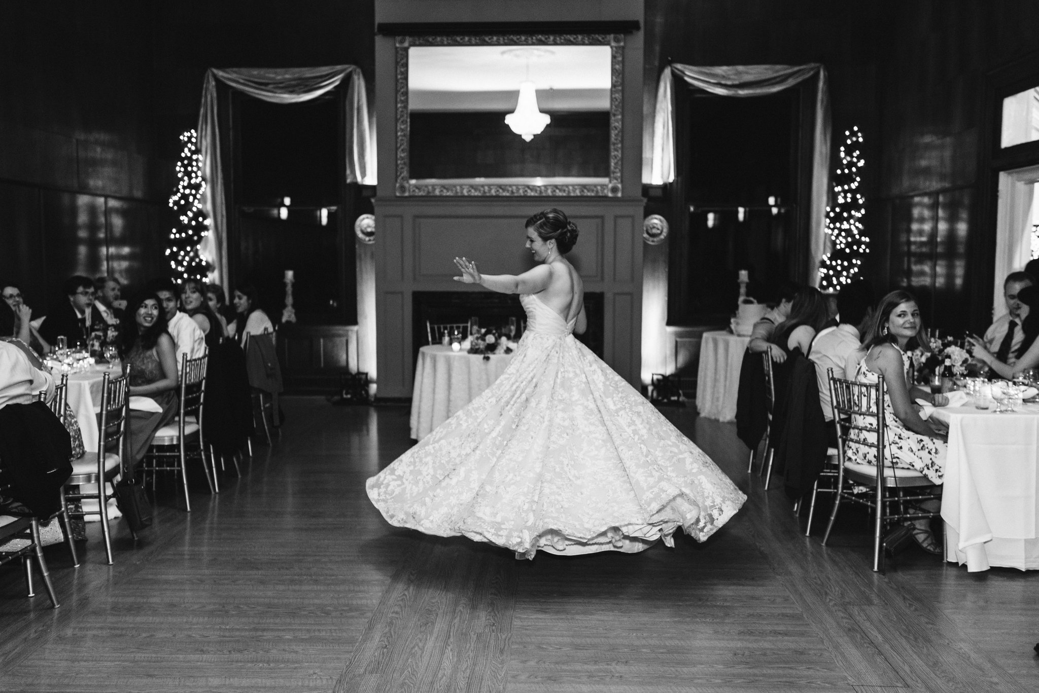  Ellicott City, Baltimore Wedding Photographer, Wayside Inn, Summer Wedding, Romantic, Traditional, Bride Twirling on the Dancefloor, Matthew Christopher Bridal, Black and White Photo 