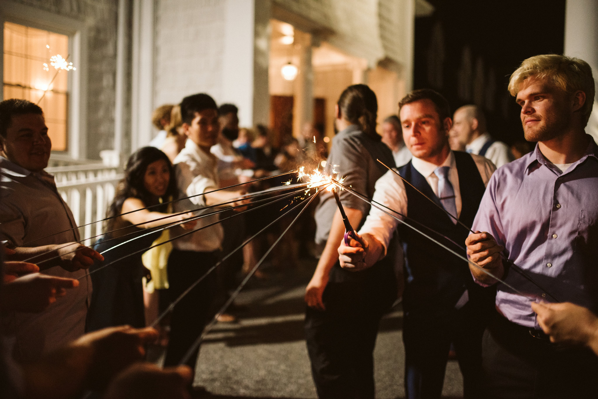  Ellicott City, Baltimore Wedding Photographer, Wayside Inn, Summer Wedding, Romantic, Traditional, Wedding Guests Lighting Sparklers Outside 