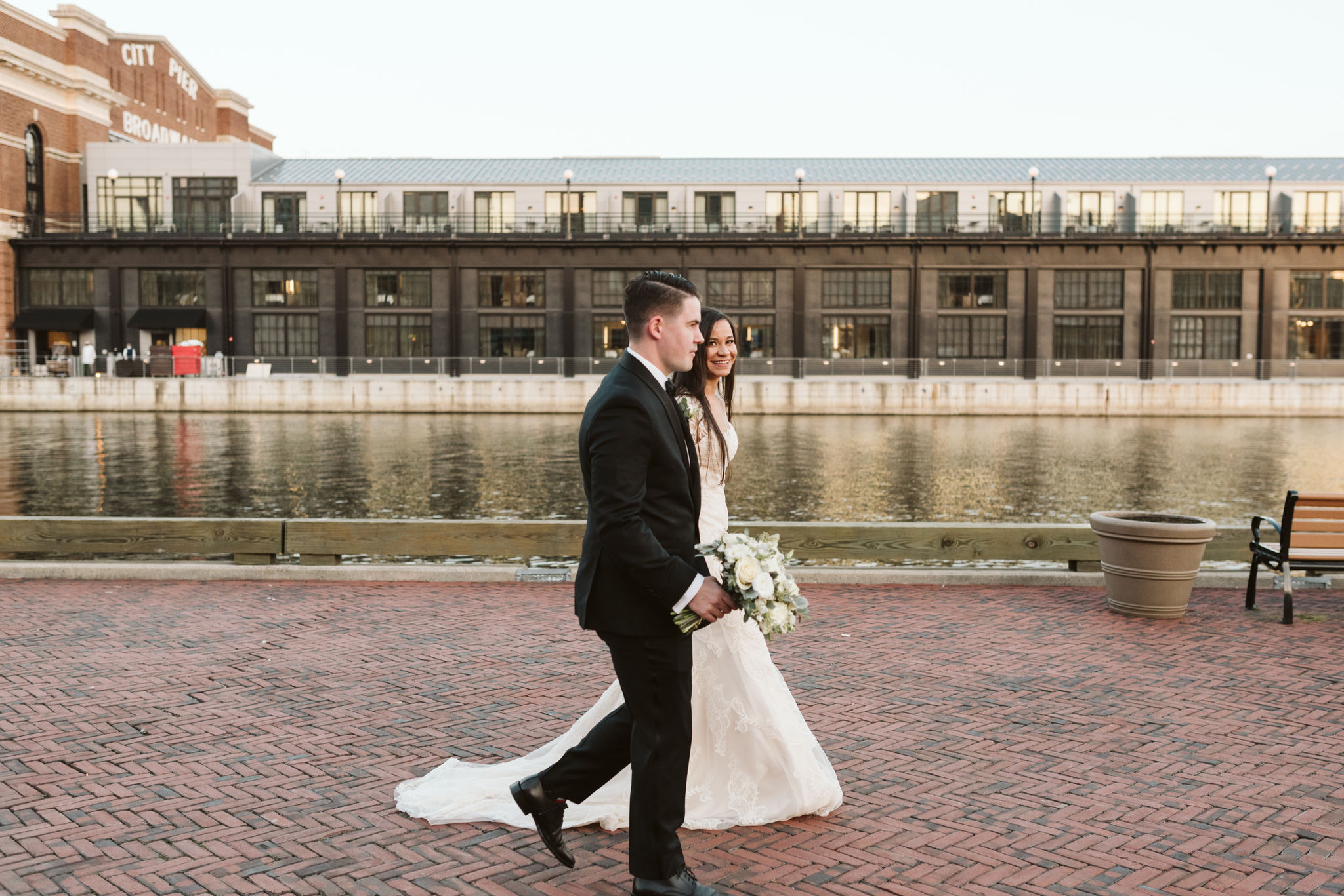  Baltimore, Fells Point, Maryland Wedding Photographer, Winter Wedding, Historic, Classic, Vintage, Bride and Groom Walking on Cobblestone Street, Inner Harbor 