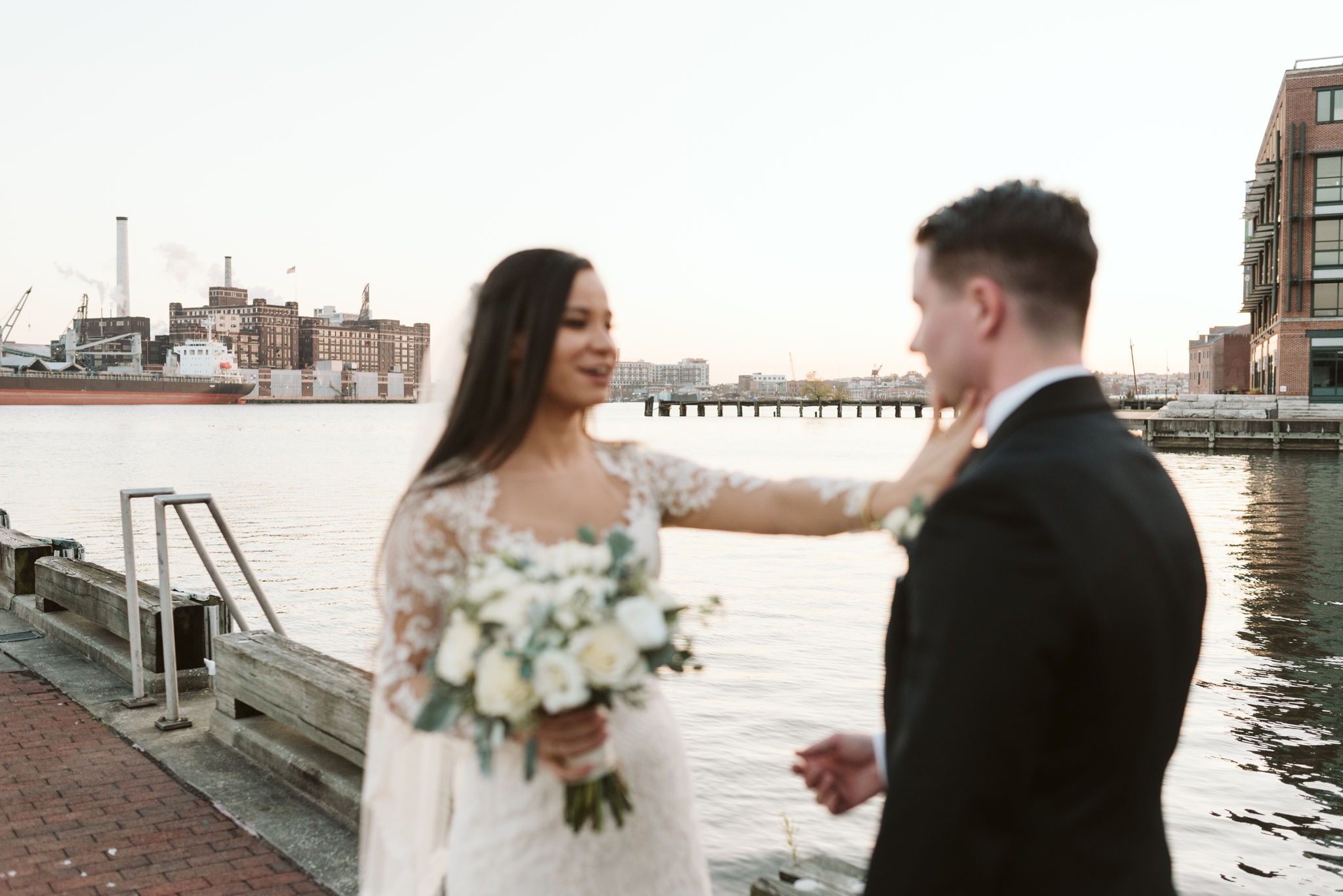  Baltimore, Fells Point, Maryland Wedding Photographer, Winter Wedding, Historic, Classic, Vintage, Bride and Groom Standing at Inner Harbor, Soft Focus 
