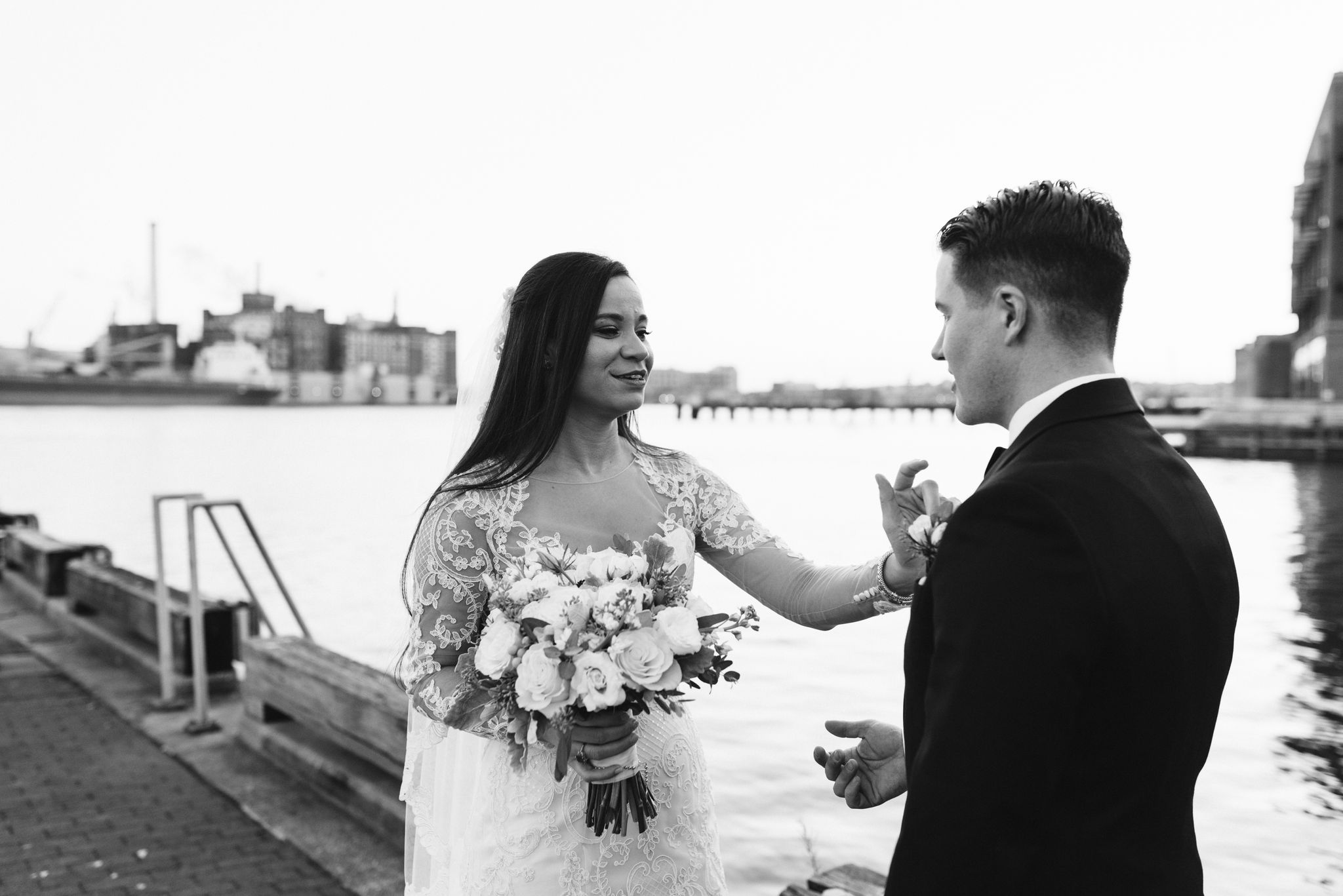  Baltimore, Fells Point, Maryland Wedding Photographer, Winter Wedding, Historic, Classic, Vintage, Bride and Groom Standing Together at Inner Harbor, Black and White Photo 