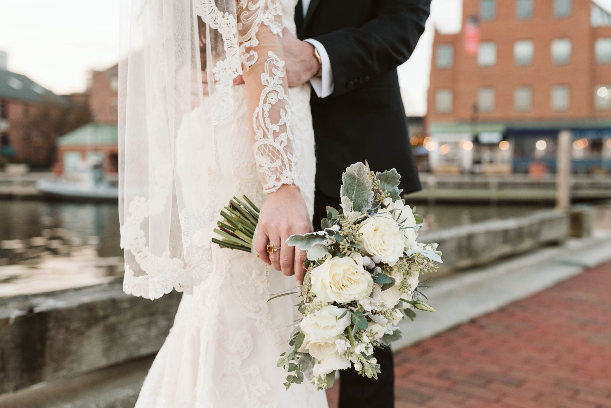  Baltimore, Fells Point, Maryland Wedding Photographer, Winter Wedding, Historic, Classic, Vintage, Bride and Groom Hugging by the Harbor, Closeup of Bridal Bouquet, Lace Wedding Dress 