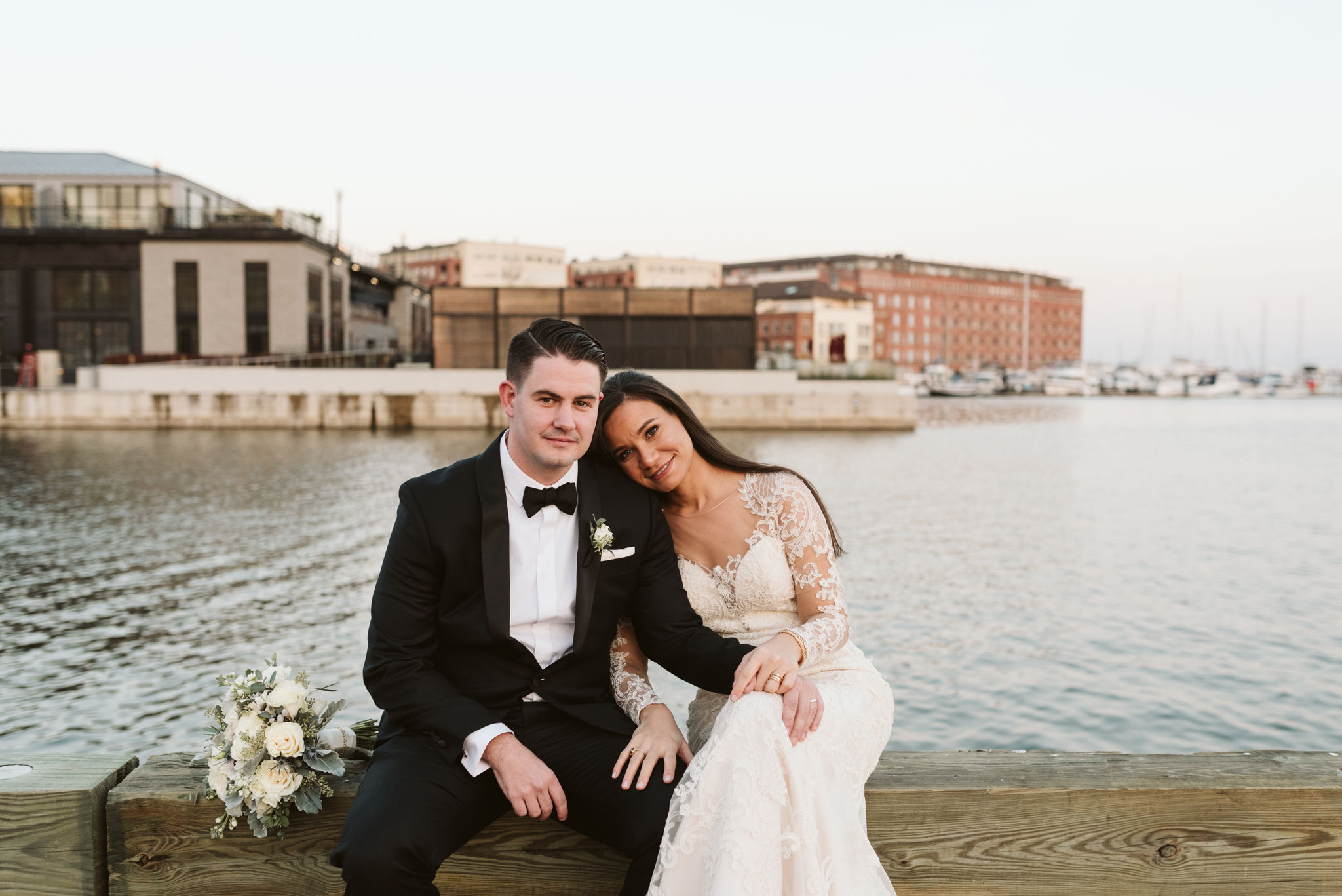  Baltimore, Fells Point, Maryland Wedding Photographer, Winter Wedding, Historic, Classic, Vintage, Portrait of Bride and Groom Sitting on Pier, Inner Harbor 