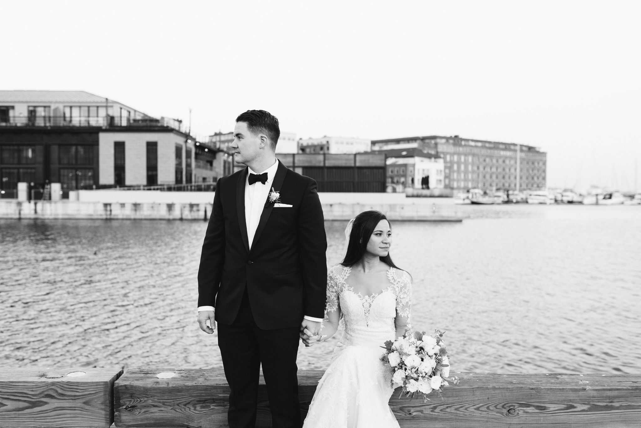  Baltimore, Fells Point, Maryland Wedding Photographer, Winter Wedding, Historic, Classic, Vintage, Portrait of Bride and Groom Sitting in Front of Water, Inner Harbor, Black and White Photo 