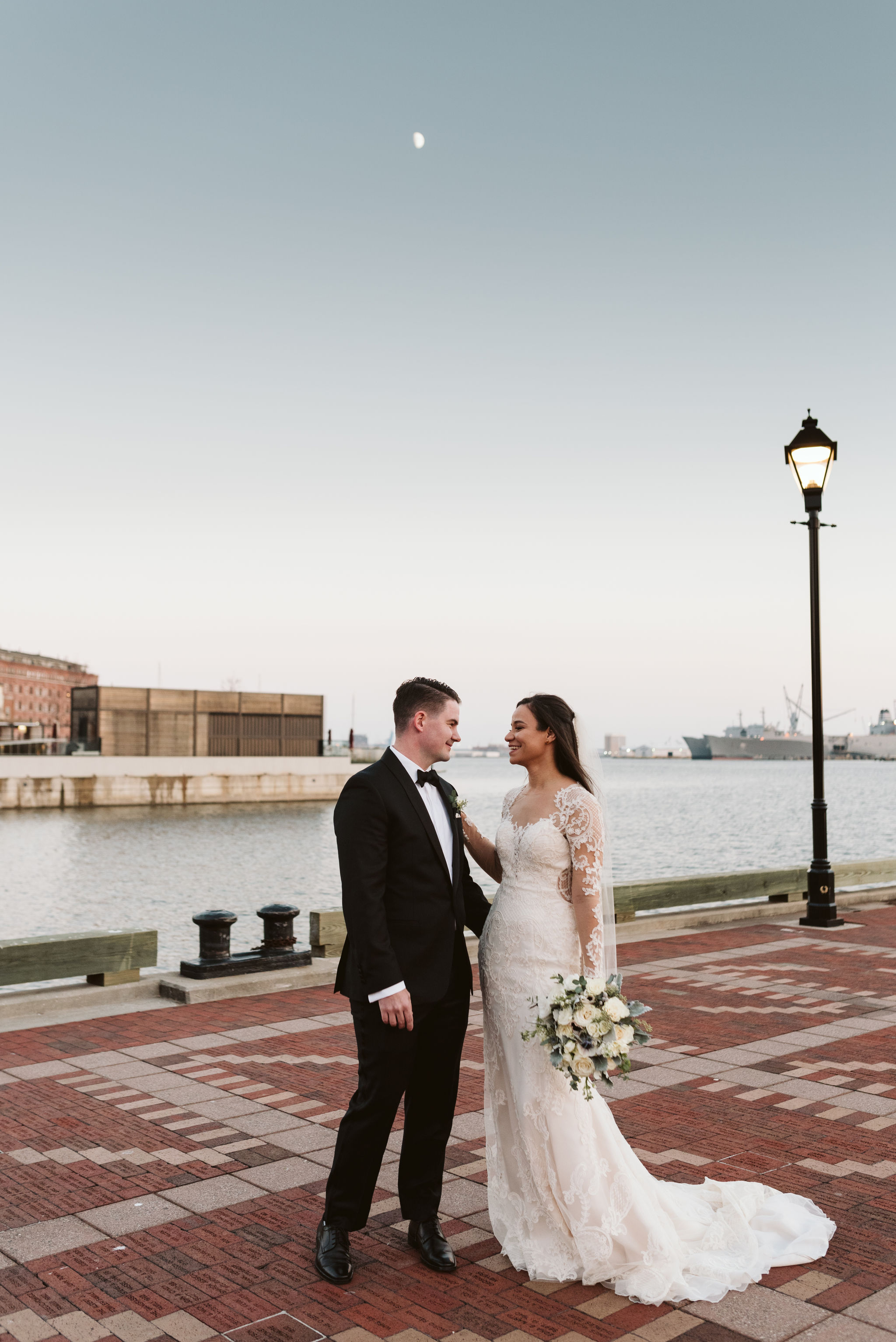  Baltimore, Fells Point, Maryland Wedding Photographer, Winter Wedding, Historic, Classic, Vintage, Bride and Groom Standing Together on Cobblestone Street, Inner Harbor, Lace Wedding Dress 